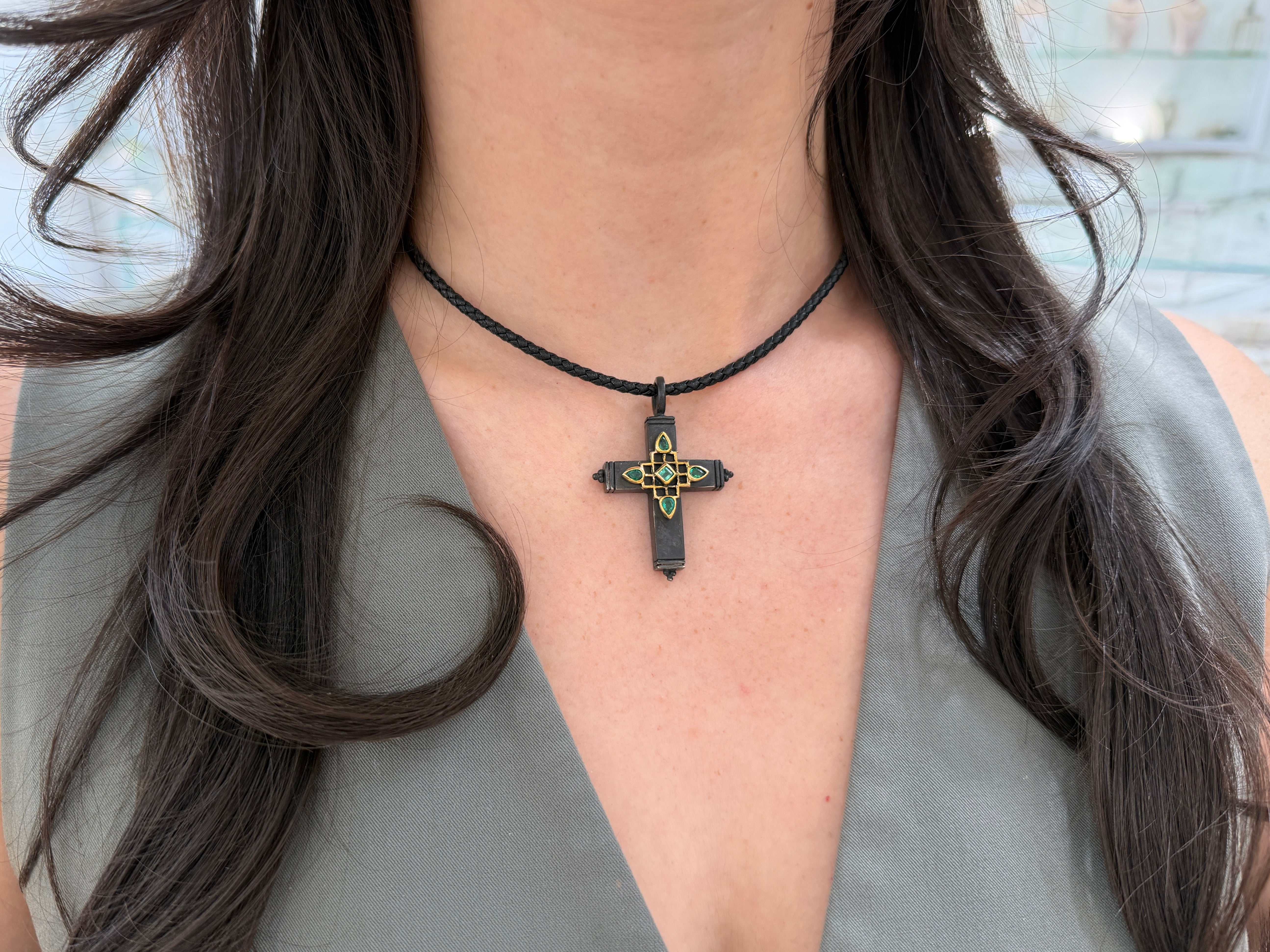 Gothic Emerald Crucifix Gold & Blackened Silver