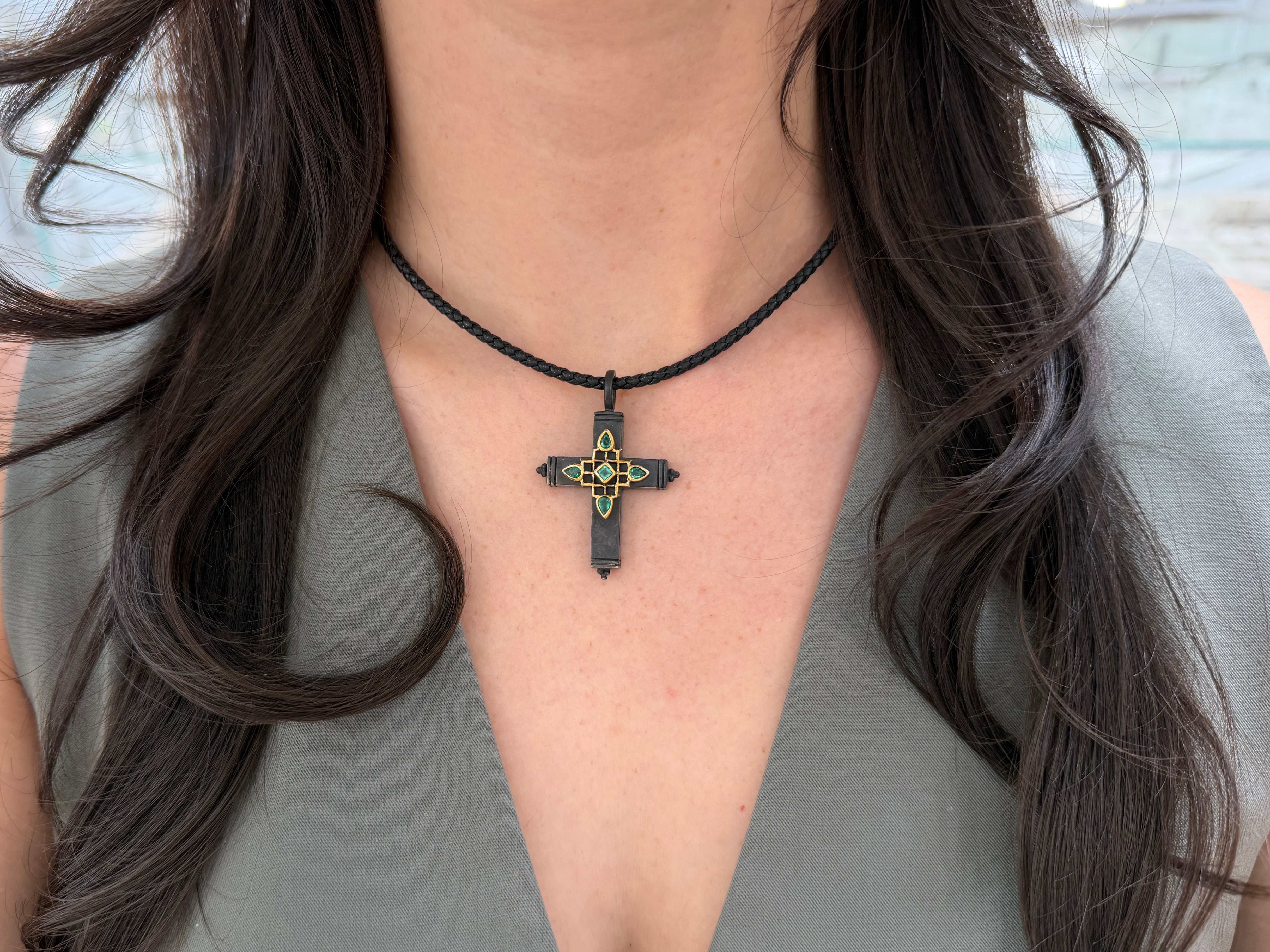 Gothic Emerald Crucifix Gold & Blackened Silver