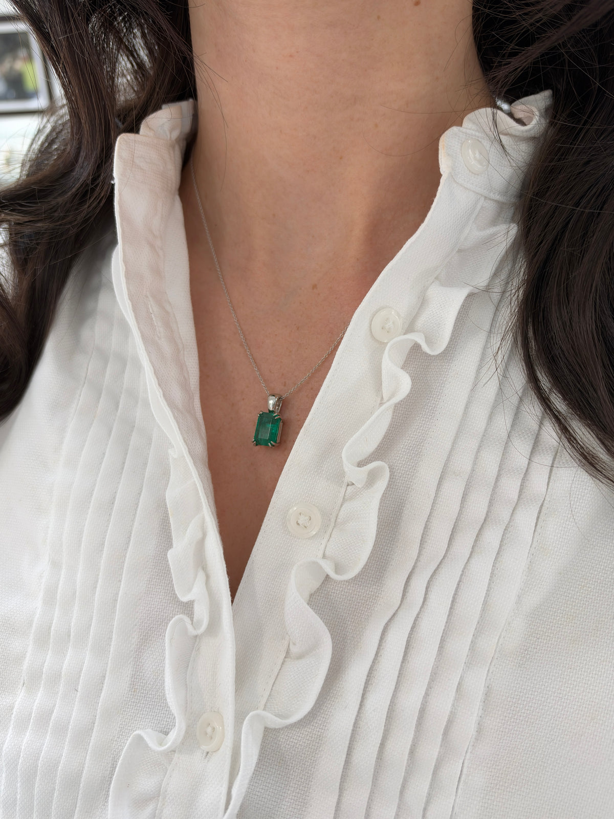 4.42ct Platinum Jungle Green Emerald Cut Emerald Solitaire Double Claw Prong Necklace