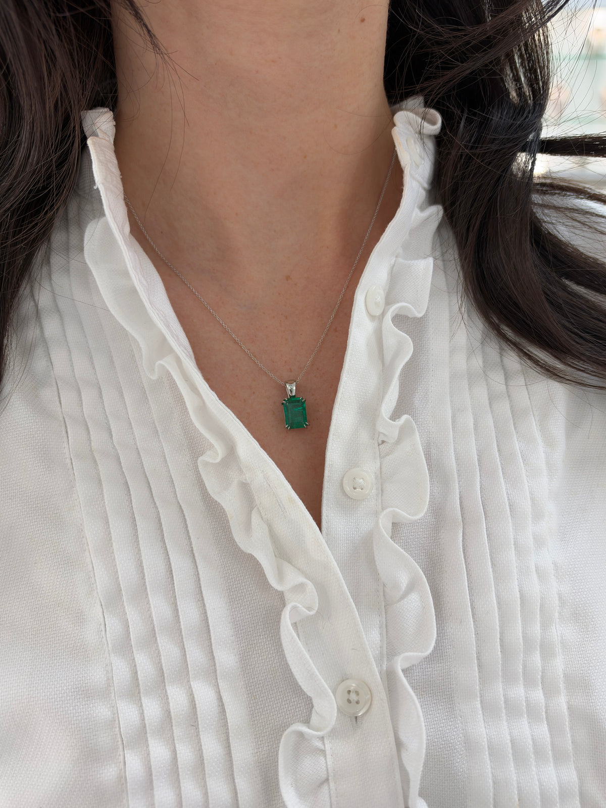4.42ct Platinum Jungle Green Emerald Cut Emerald Solitaire Double Claw Prong Necklace