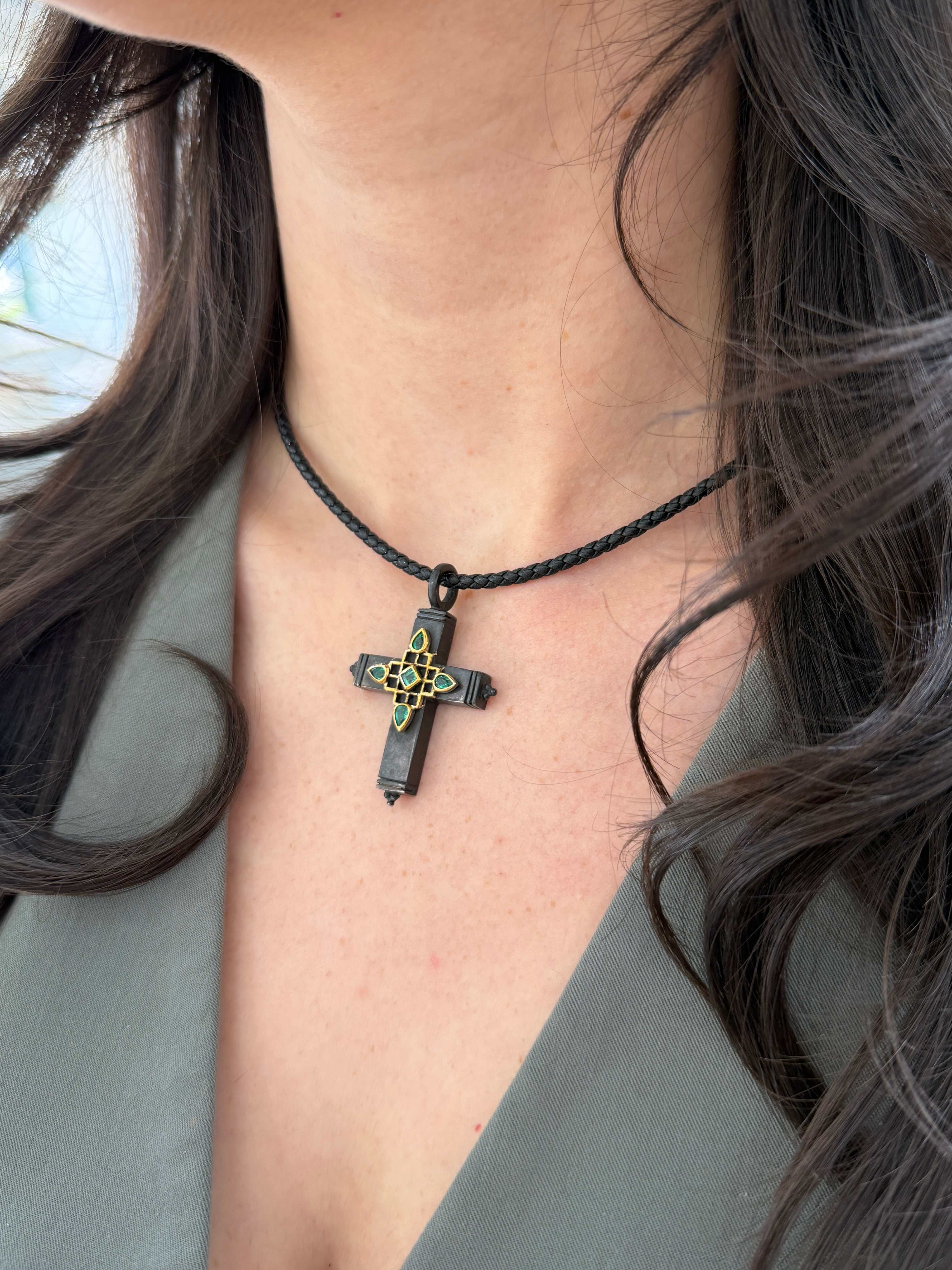 Gothic Emerald Crucifix Gold & Blackened Silver