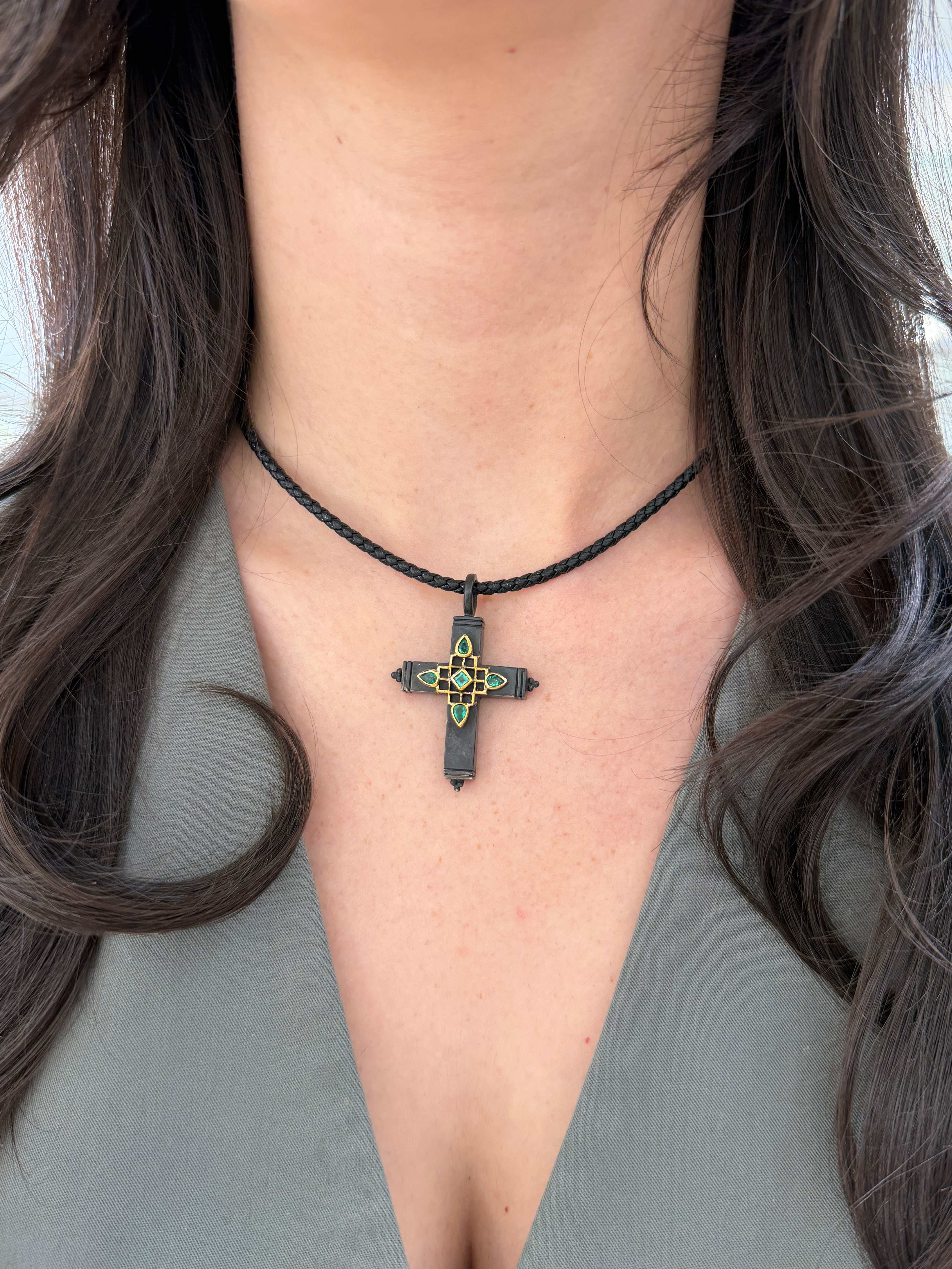 Gothic Emerald Crucifix Gold & Blackened Silver