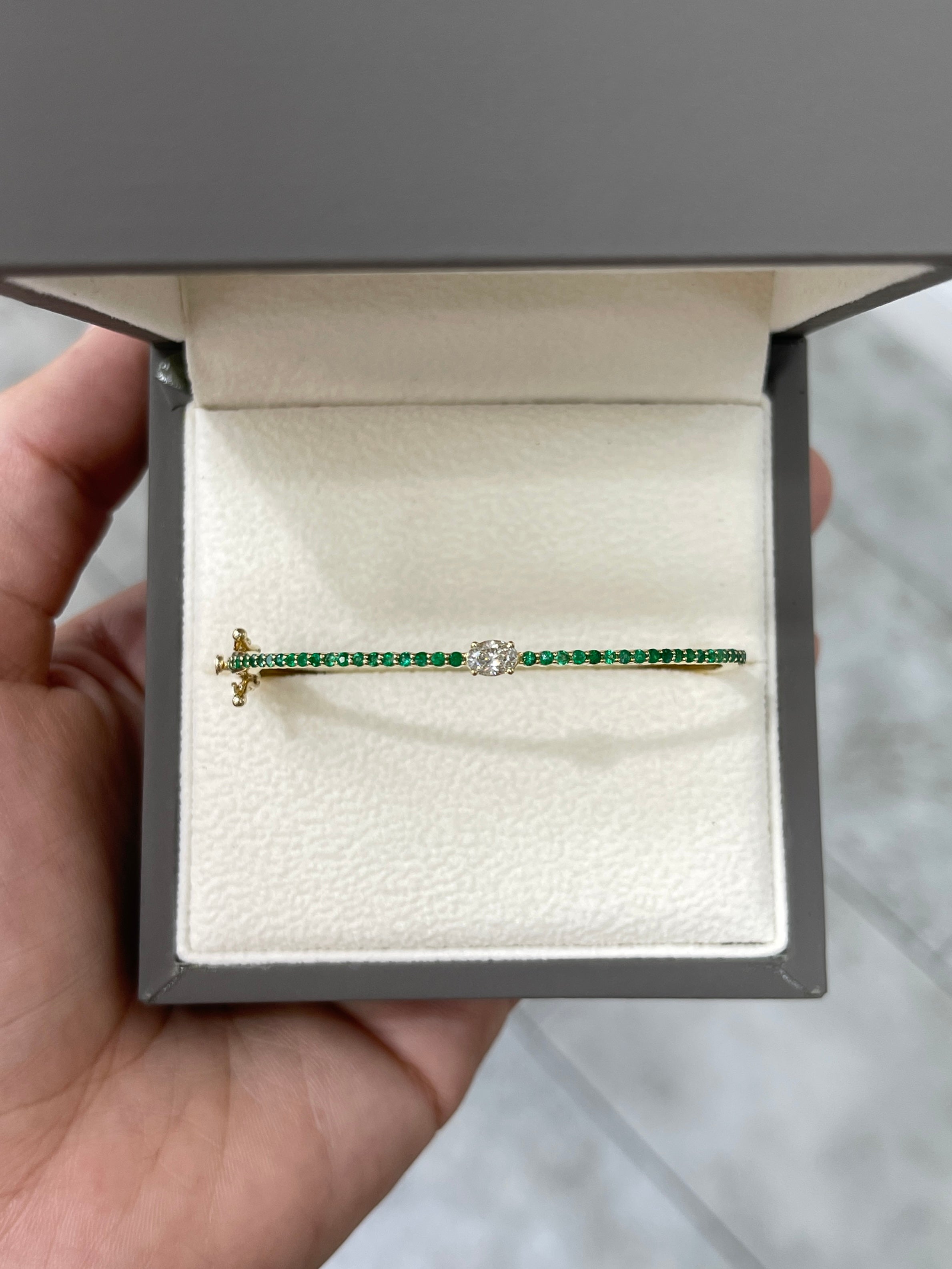 Oval Diamond & Emerald Bangle Bracelet in 14K Yellow Gold- 5.5 Inch Wrist