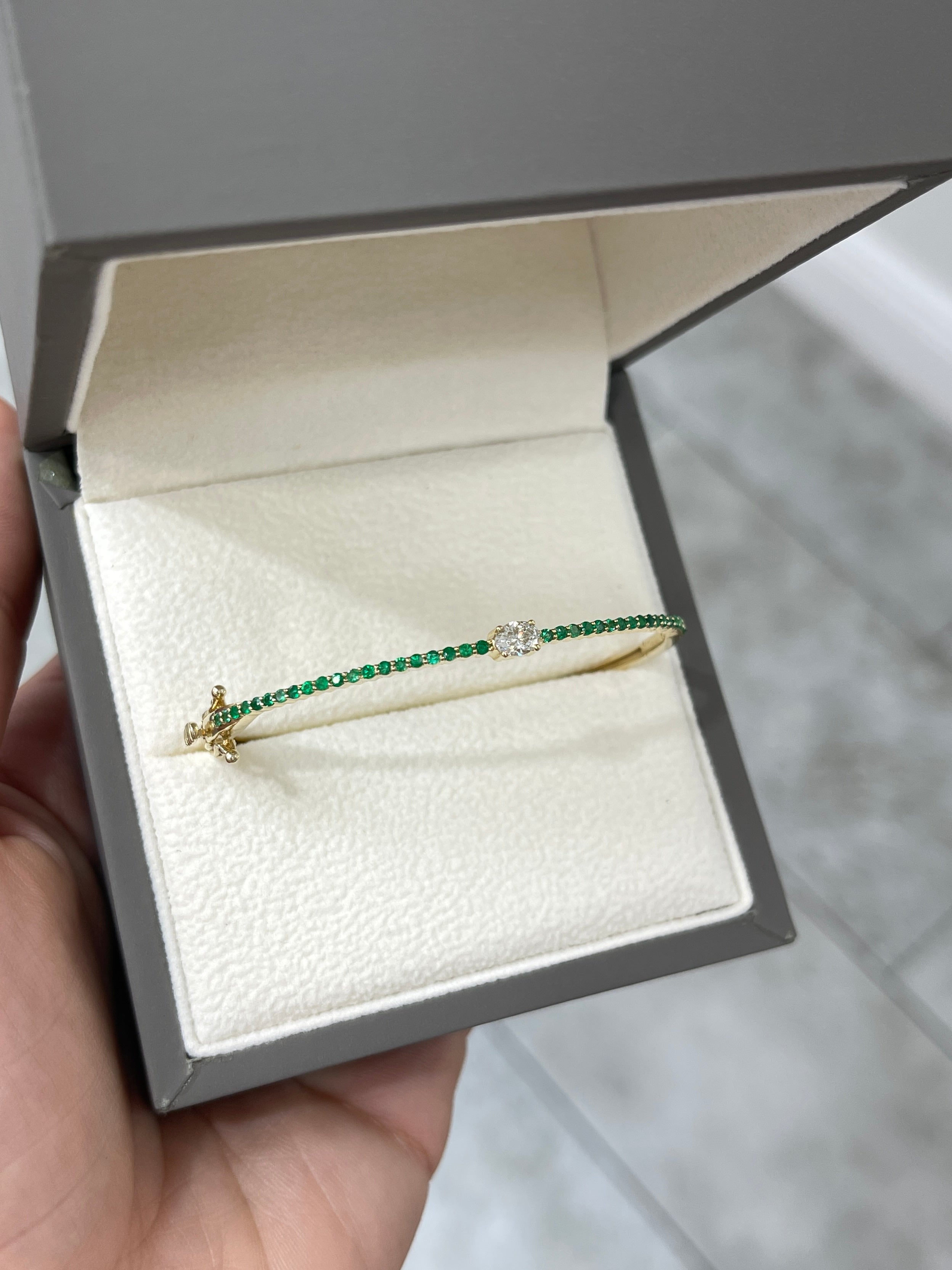 Oval Diamond & Emerald Bangle Bracelet in 14K Yellow Gold- 5.5 Inch Wrist