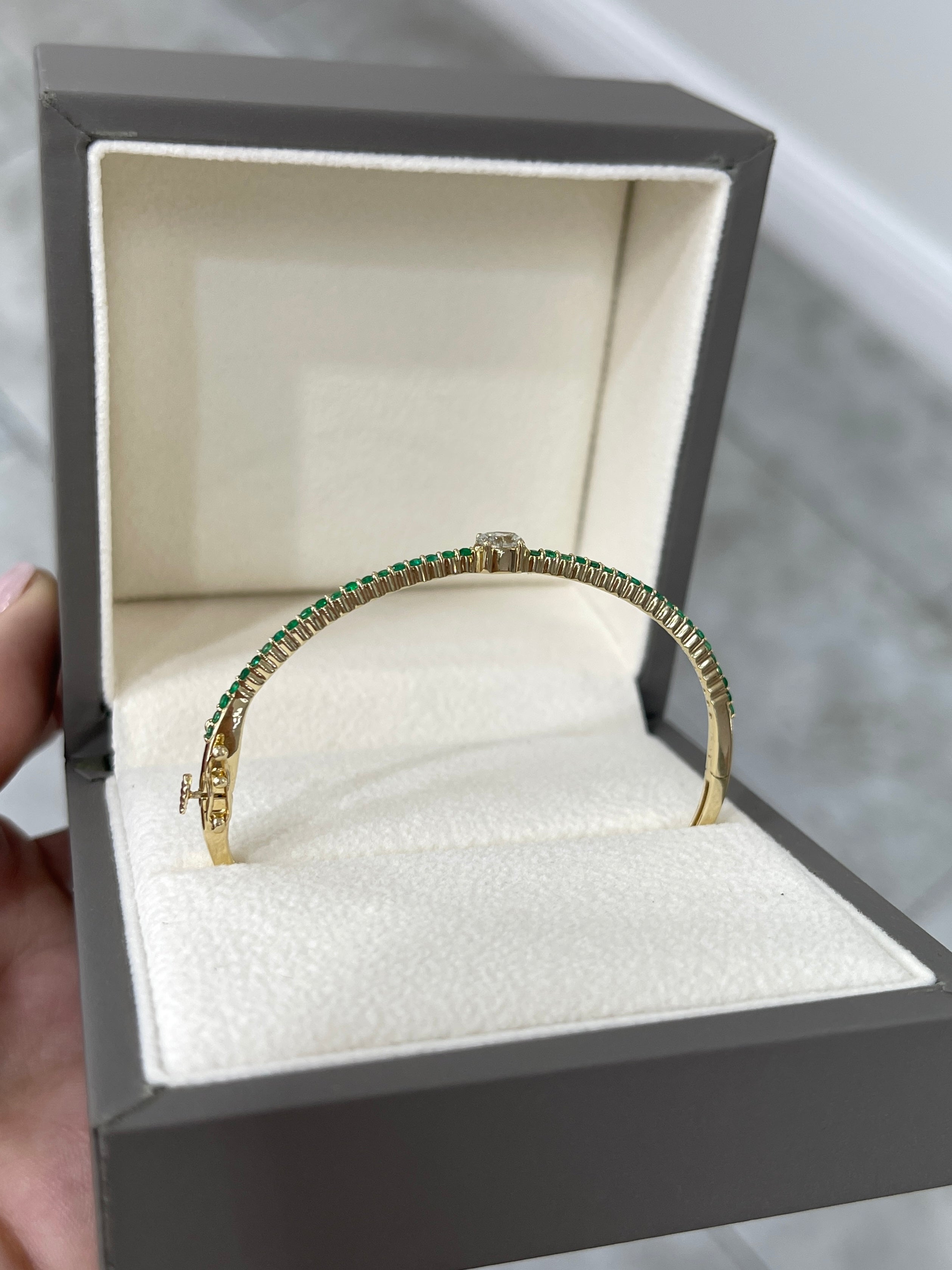 Oval Diamond & Emerald Bangle Bracelet in 14K Yellow Gold- 5.5 Inch Wrist
