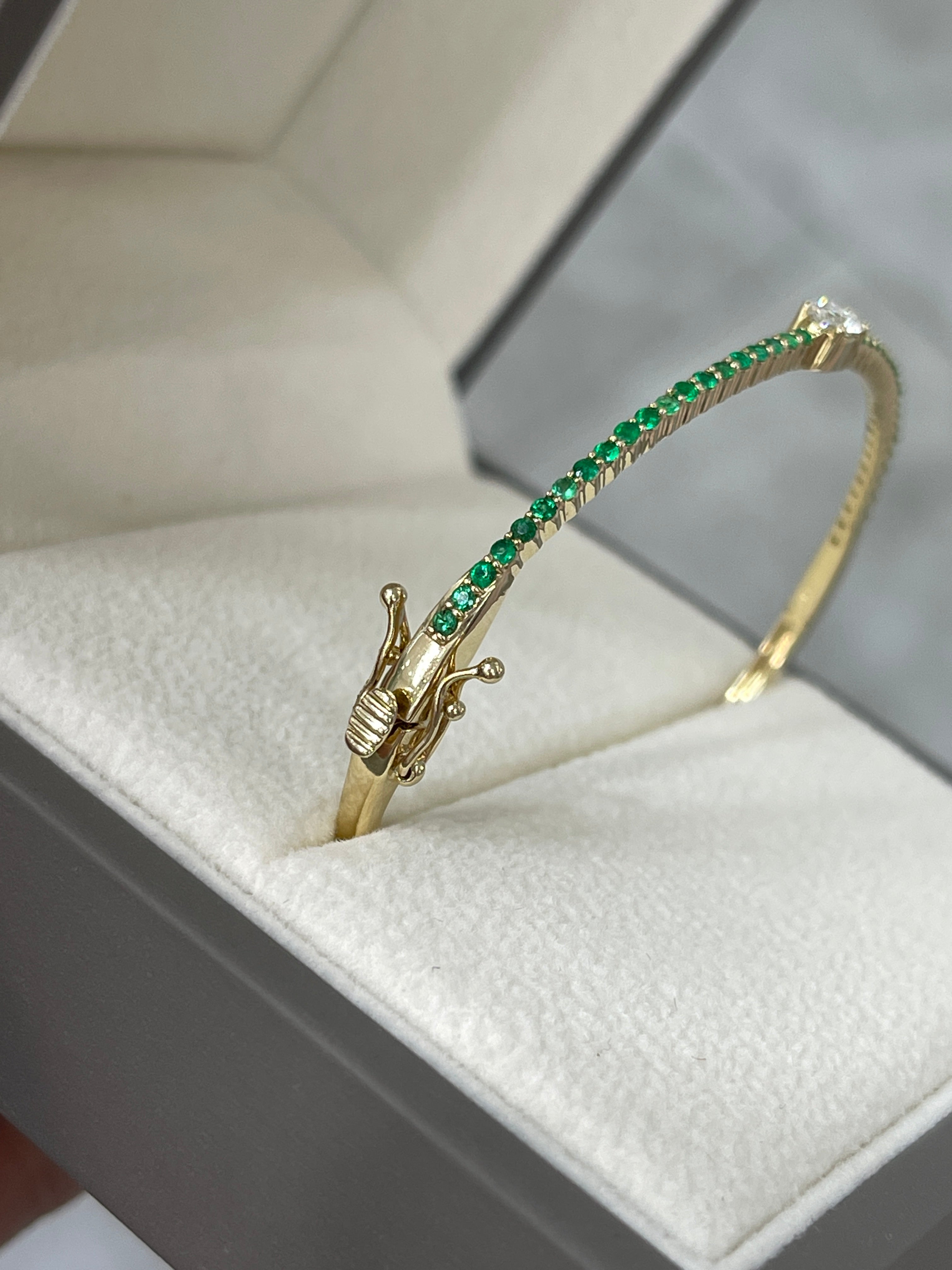 Oval Diamond & Emerald Bangle Bracelet in 14K Yellow Gold- 5.5 Inch Wrist