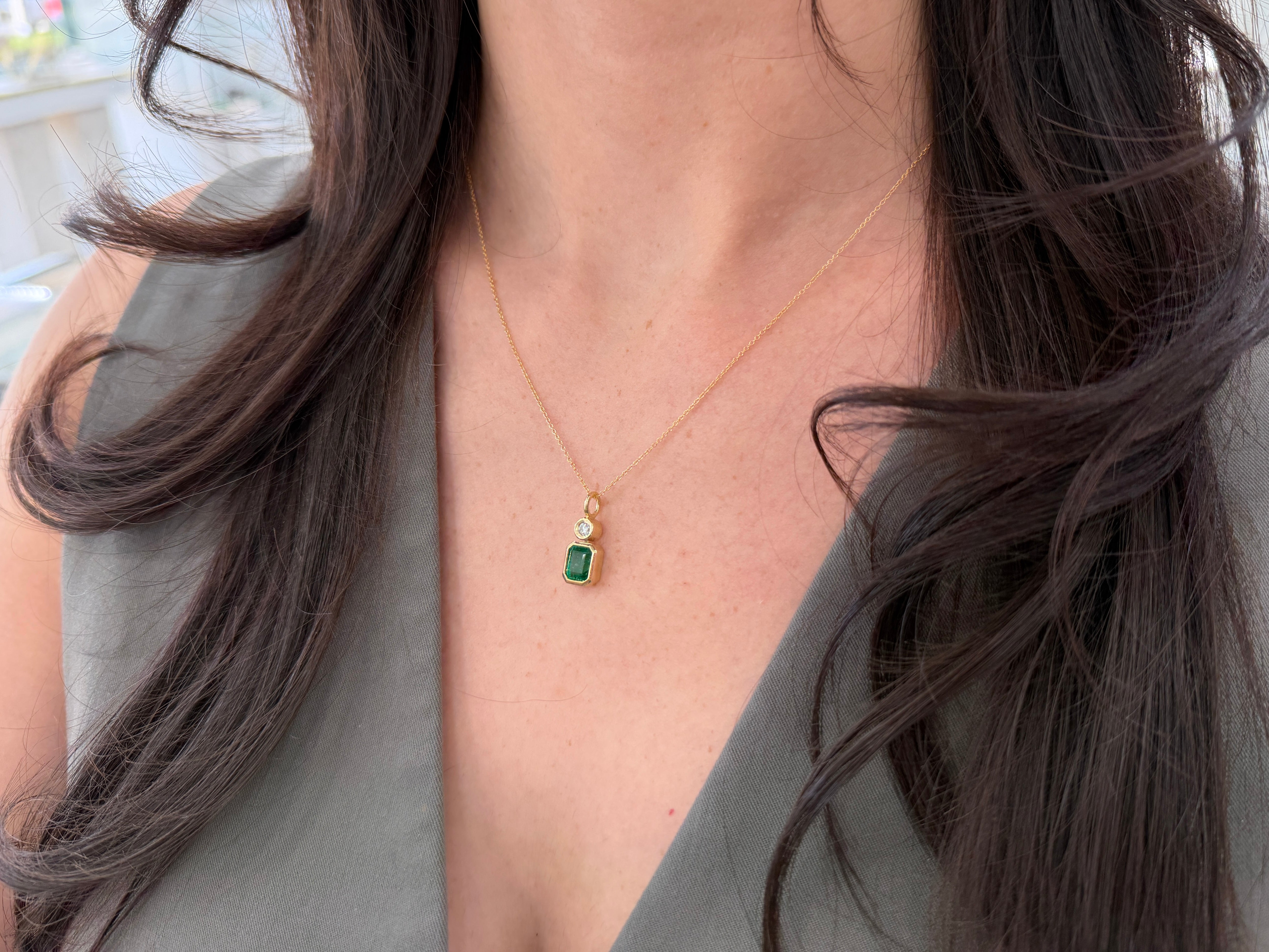 1.85tcw Bezel Set AAA Emerald & Round Diamond Accent Necklace Pendant 14K