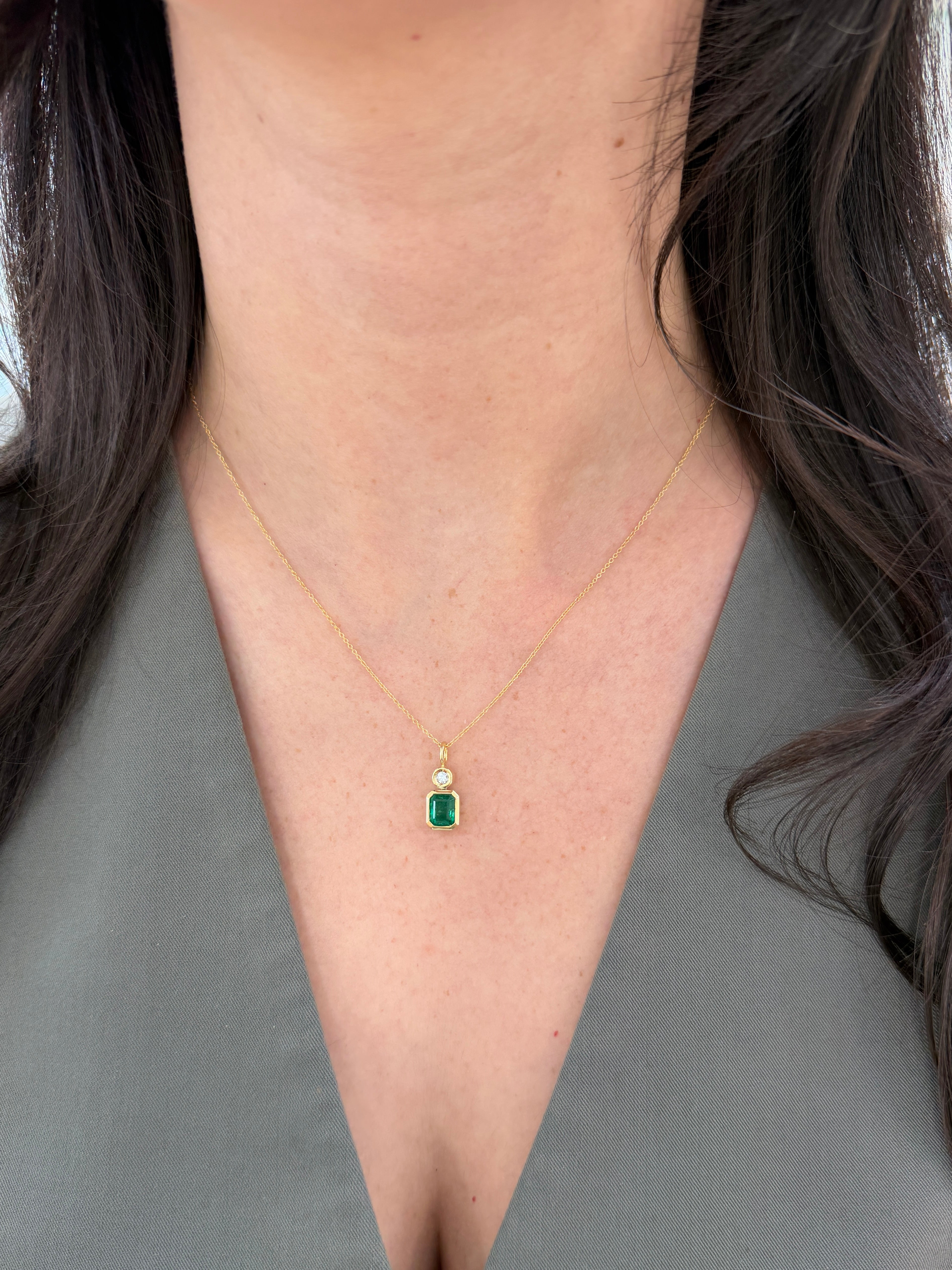 1.85tcw Bezel Set AAA Emerald & Round Diamond Accent Necklace Pendant 14K