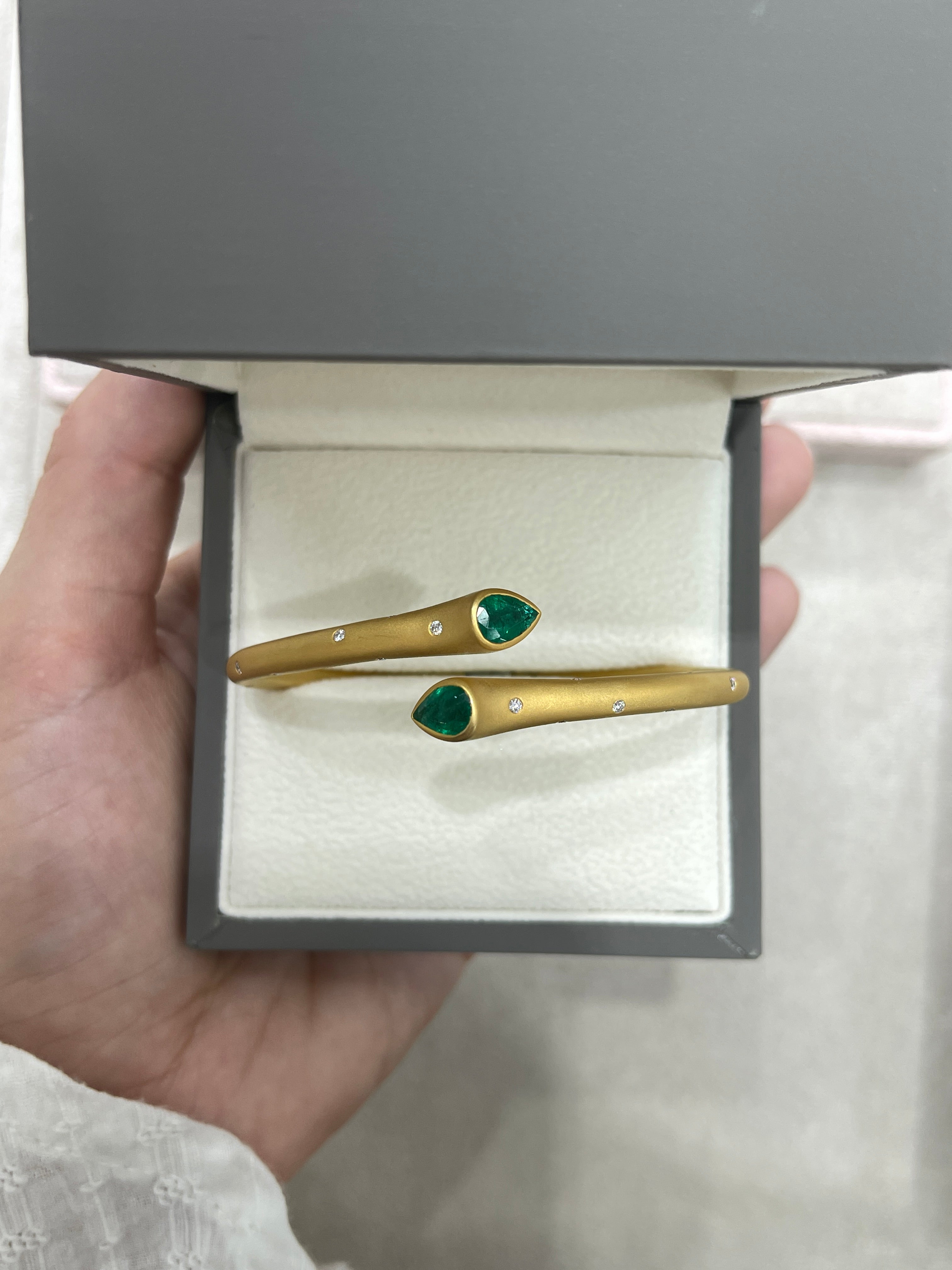 2.93tcw Pear Emerald & Diamond Bypass Cuff Bangle Bracelet 18K