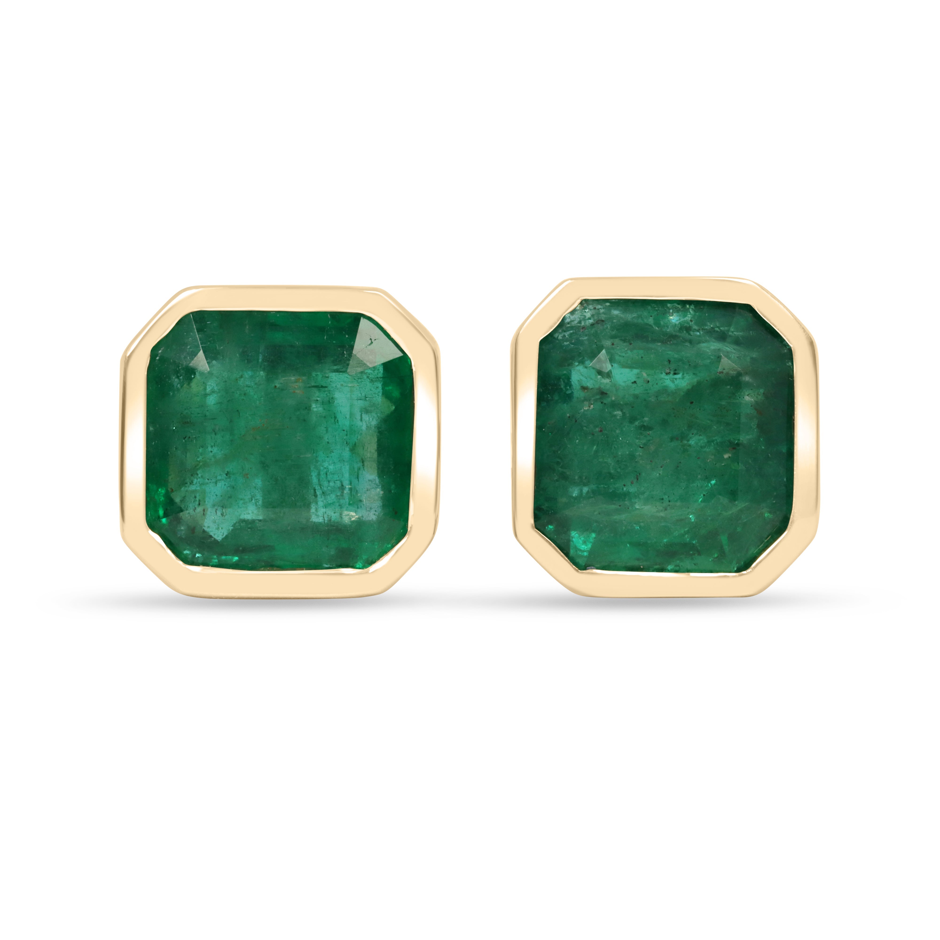 11.95tcw XL Asscher Cut deep green emerald bezel earrings in 18K yellow gold