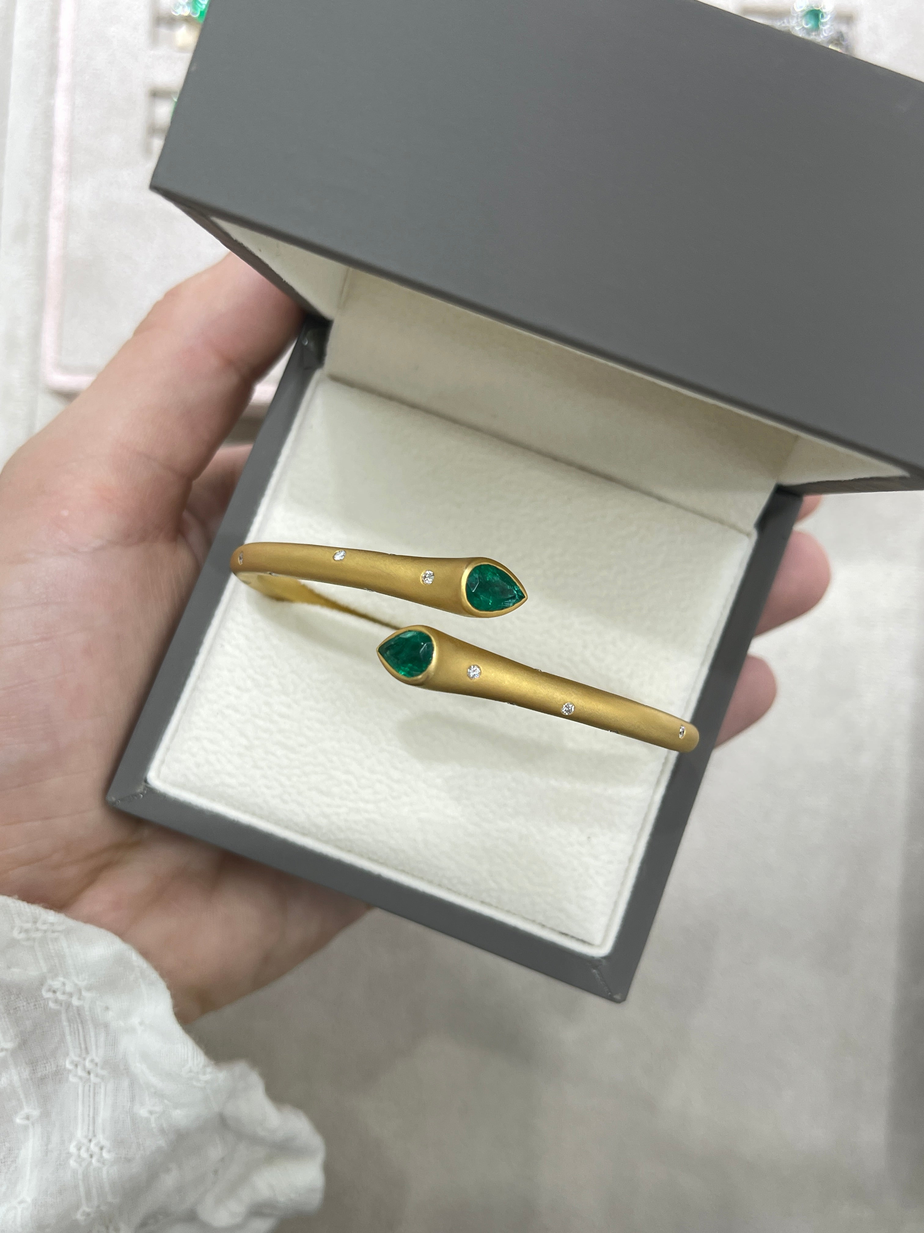 2.93tcw Pear Emerald & Diamond Bypass Cuff Bangle Bracelet 18K - JR Colombian Emeralds