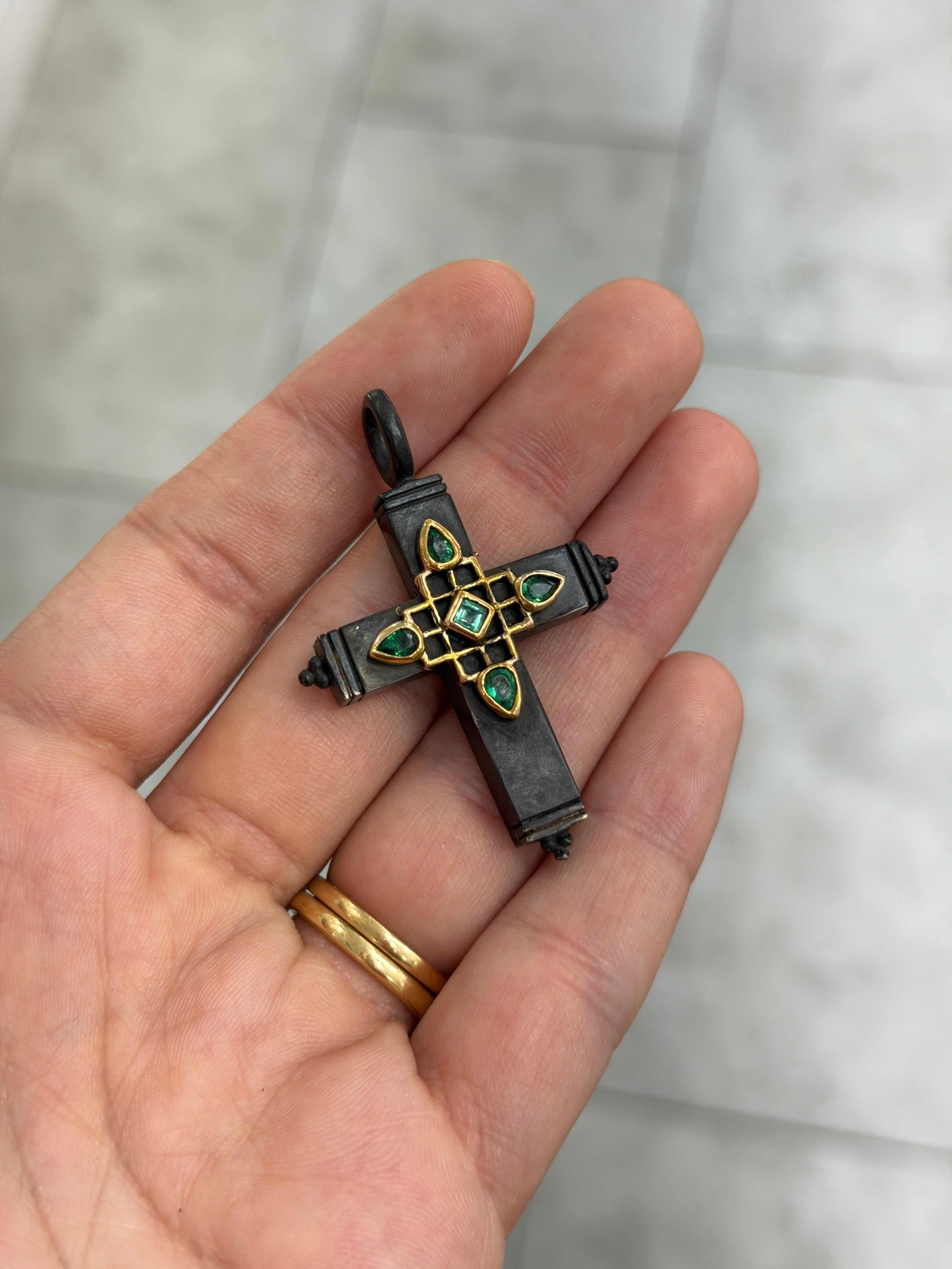 Gothic Emerald Crucifix Gold & Blackened Silver