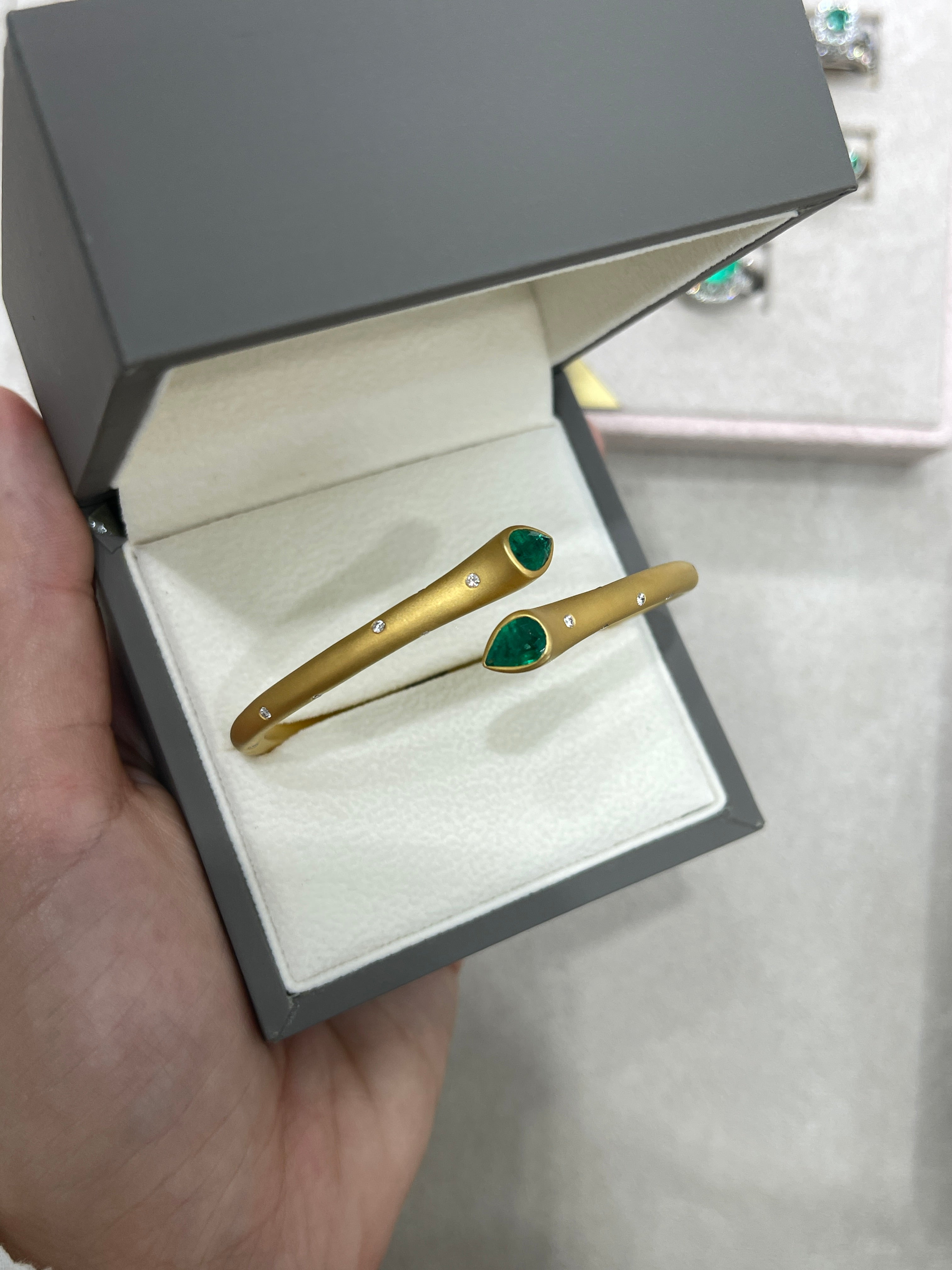 2.93tcw Pear Emerald & Diamond Bypass Cuff Bangle Bracelet 18K