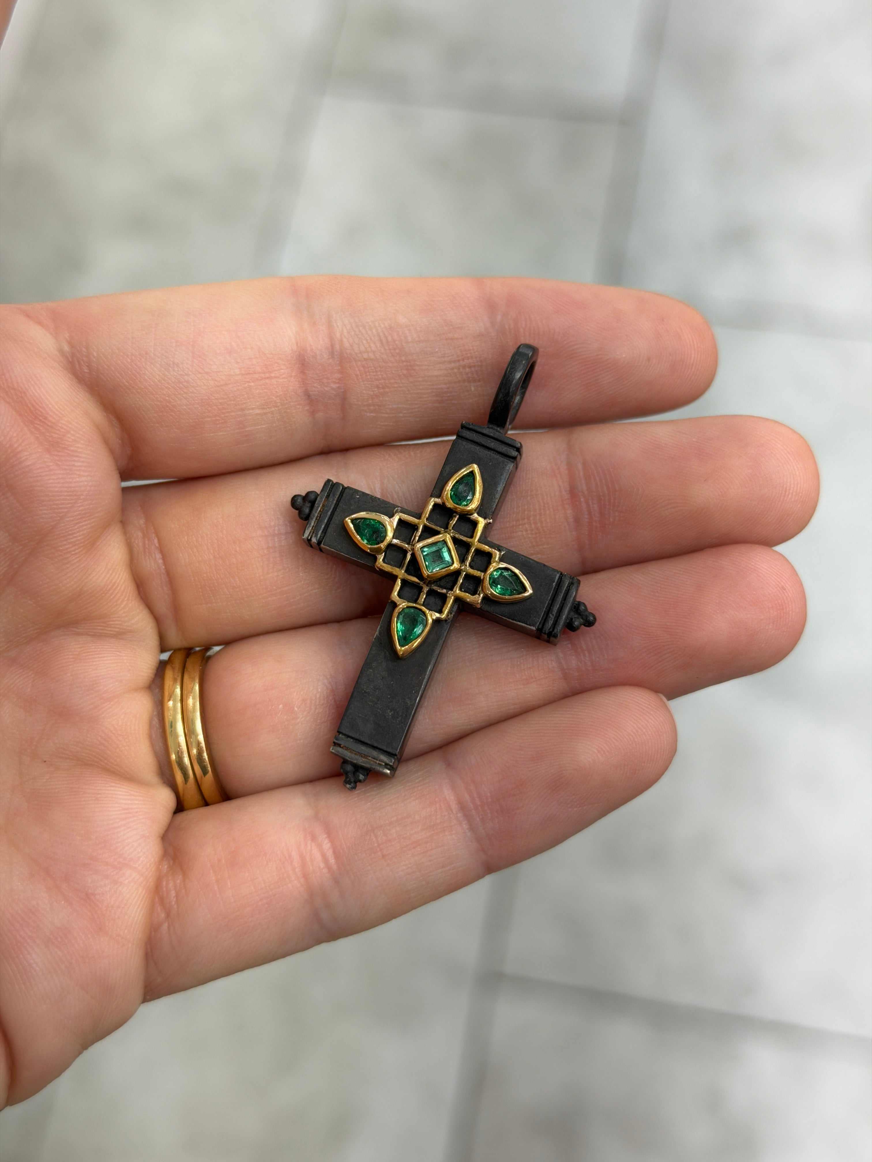 Gothic Emerald Crucifix Gold & Blackened Silver