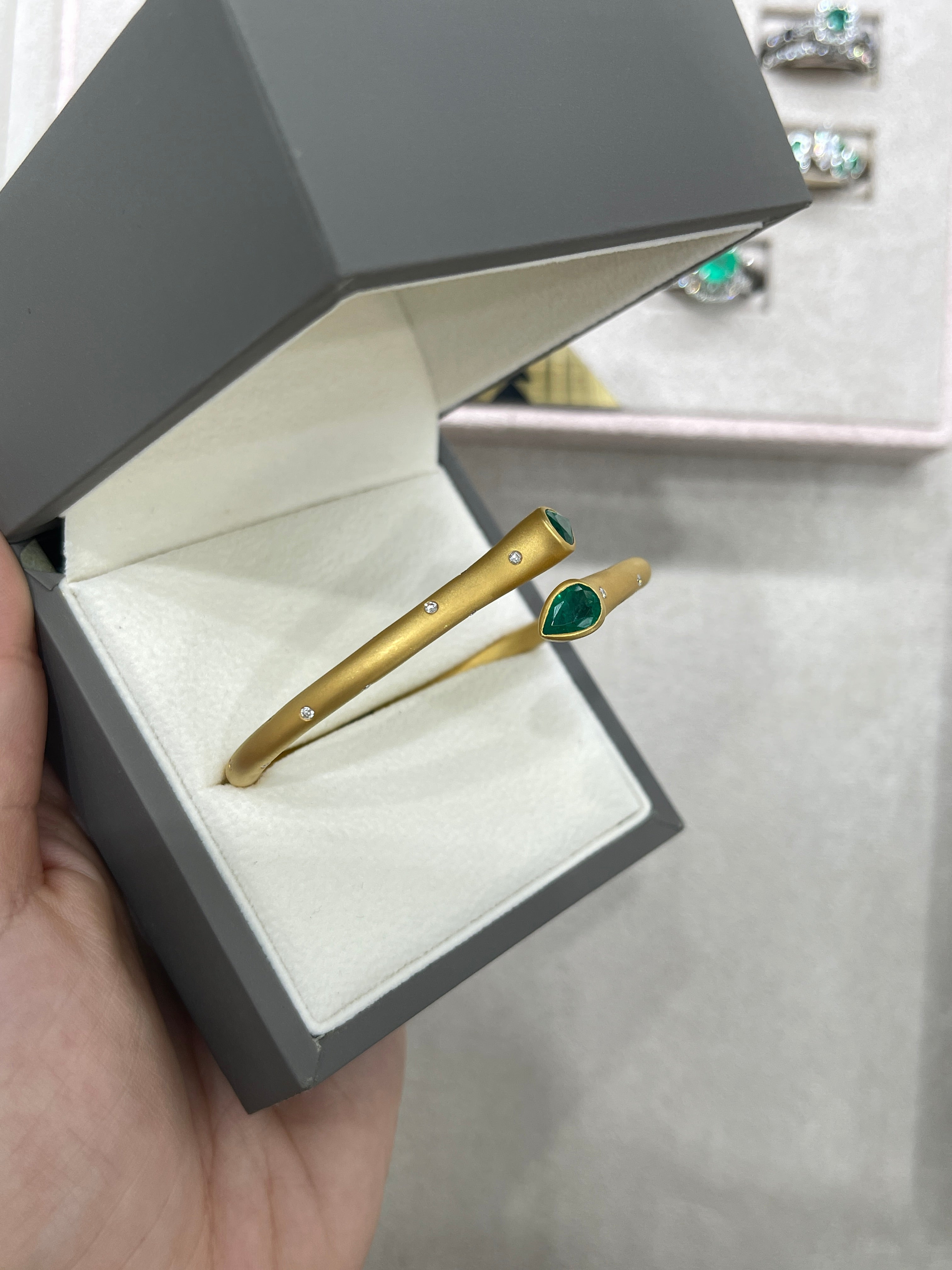 2.93tcw Pear Emerald & Diamond Bypass Cuff Bangle Bracelet 18K