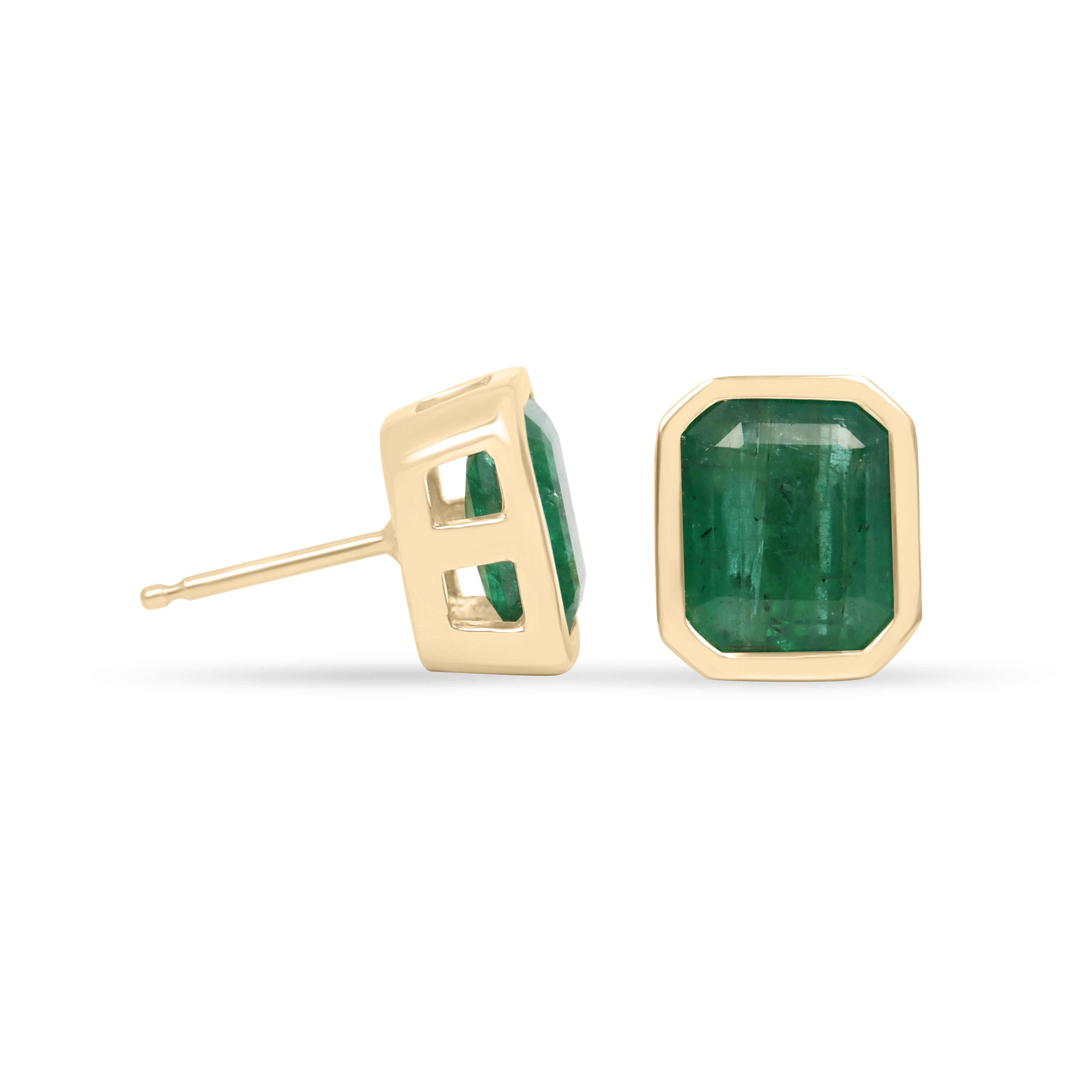 4.56tcw Emerald Cut Emerald Bezel Studs 18K
