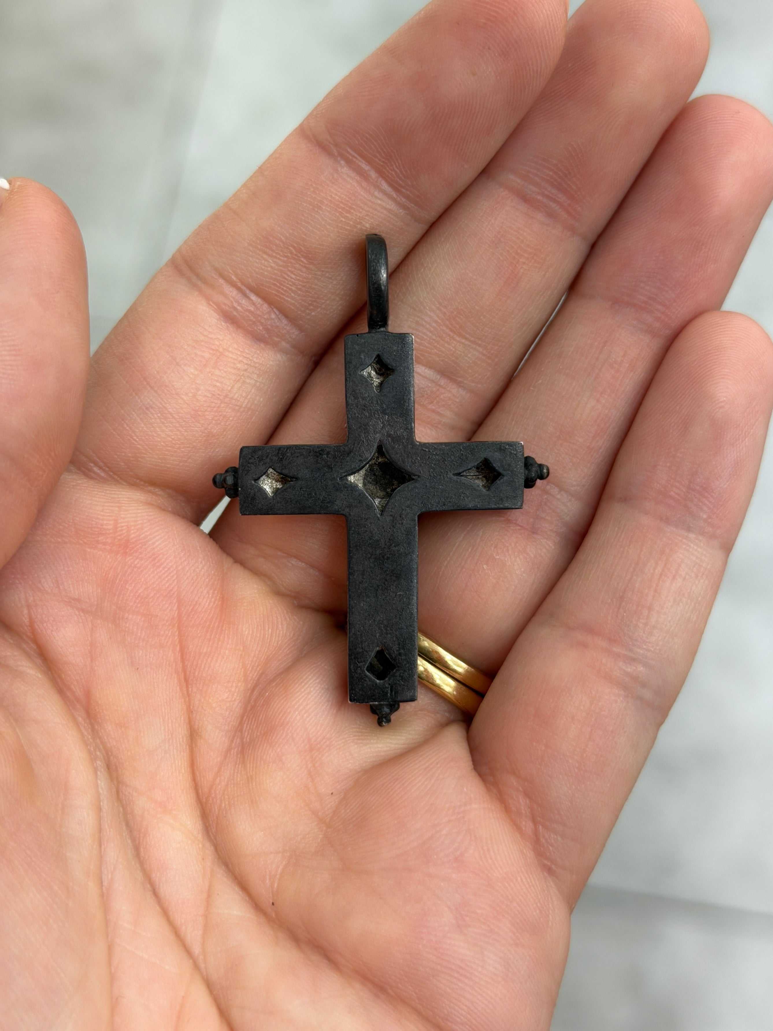 Gothic Emerald Crucifix Gold & Blackened Silver