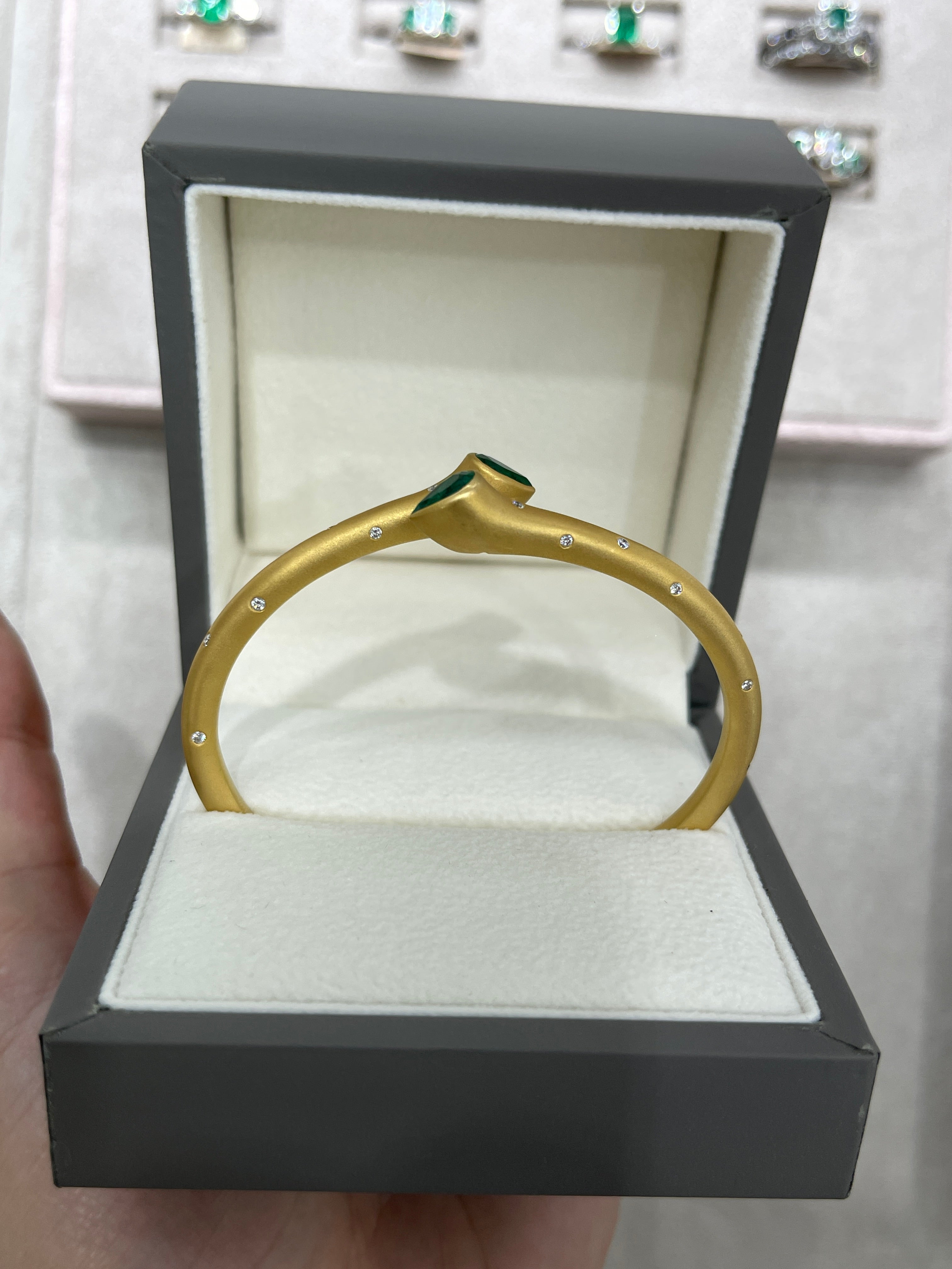 2.93tcw Pear Emerald & Diamond Bypass Cuff Bangle Bracelet 18K
