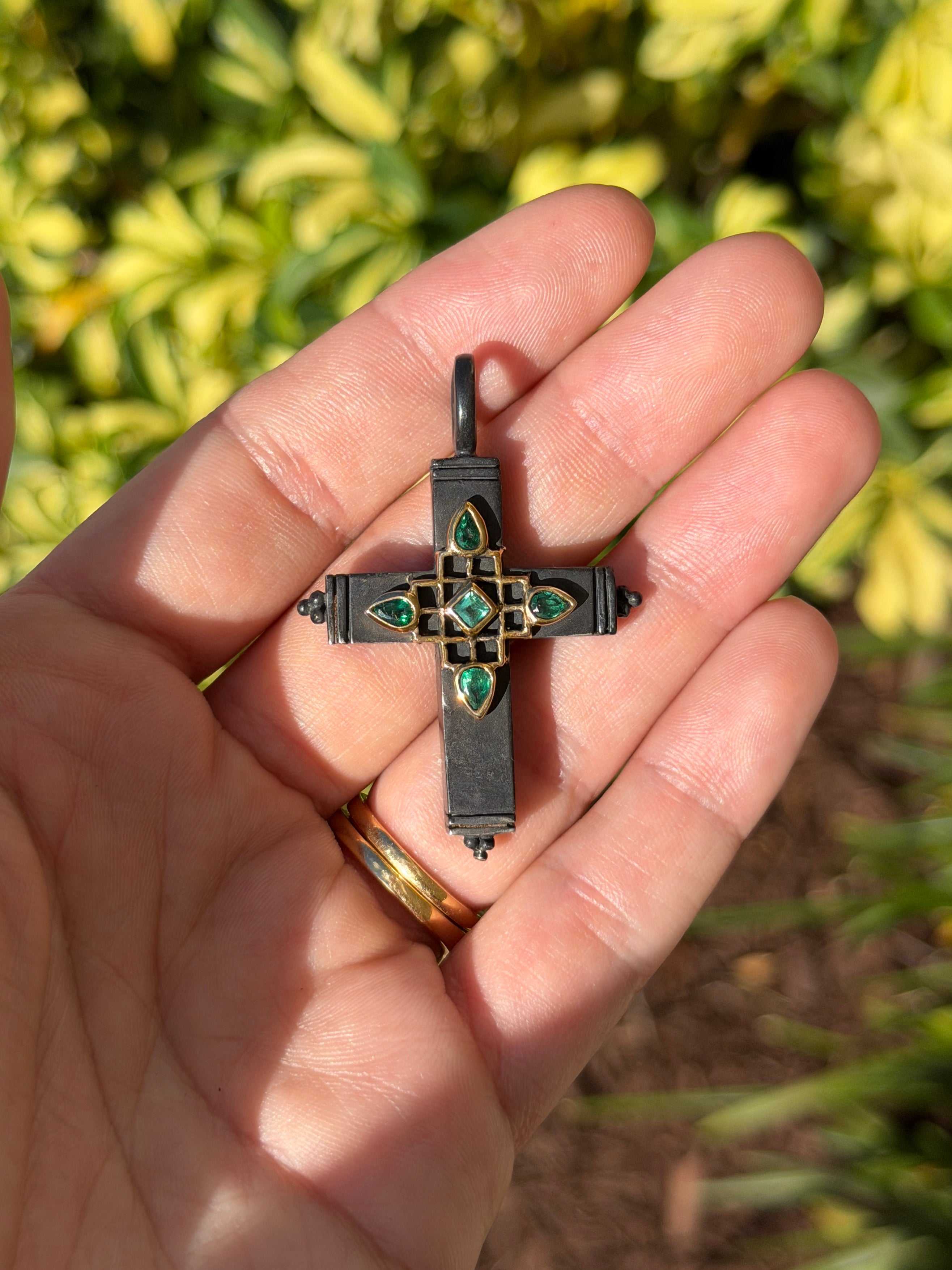 Gothic Emerald Crucifix Gold & Blackened Silver