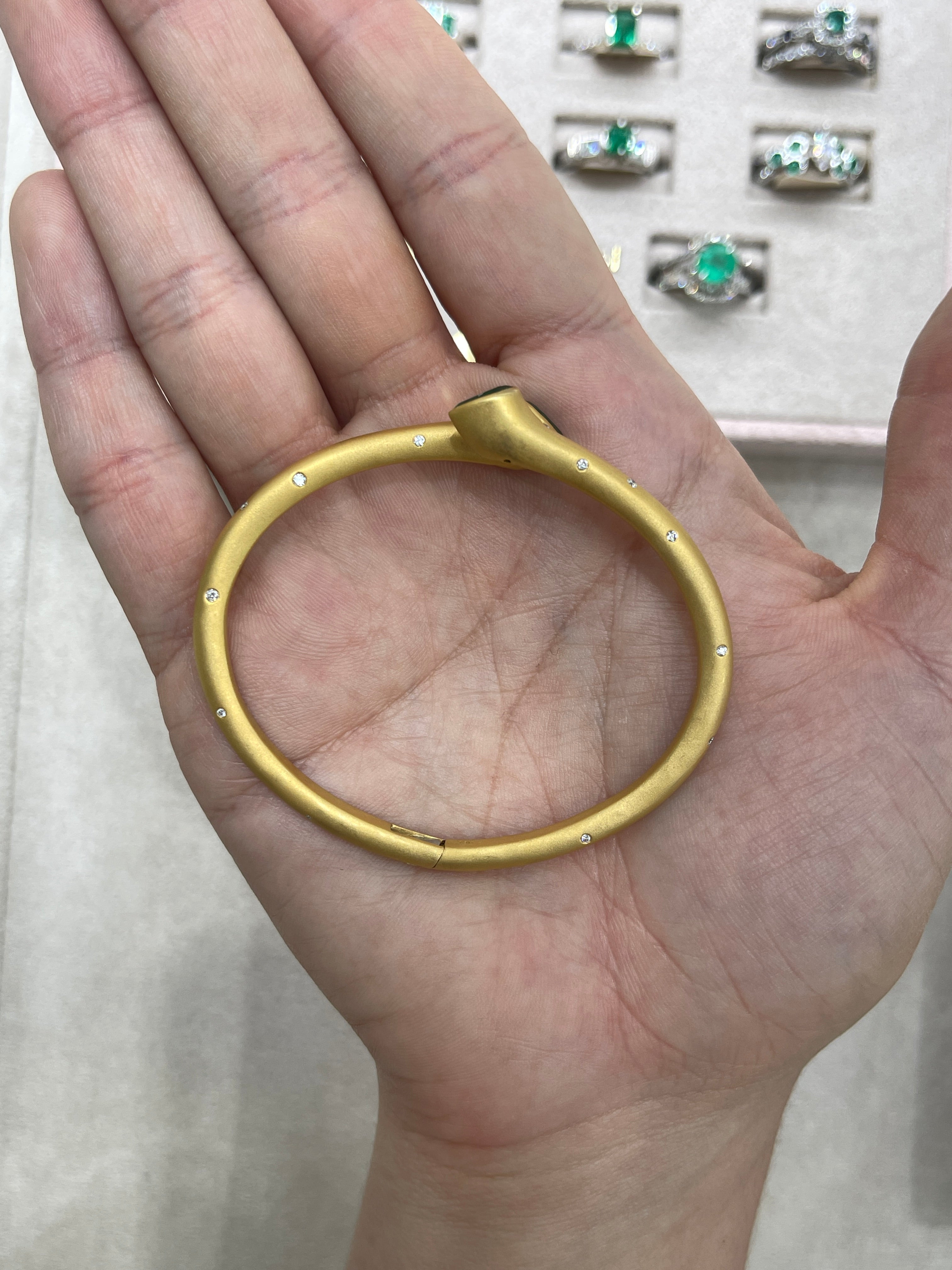 2.93tcw Pear Emerald & Diamond Bypass Cuff Bangle Bracelet 18K