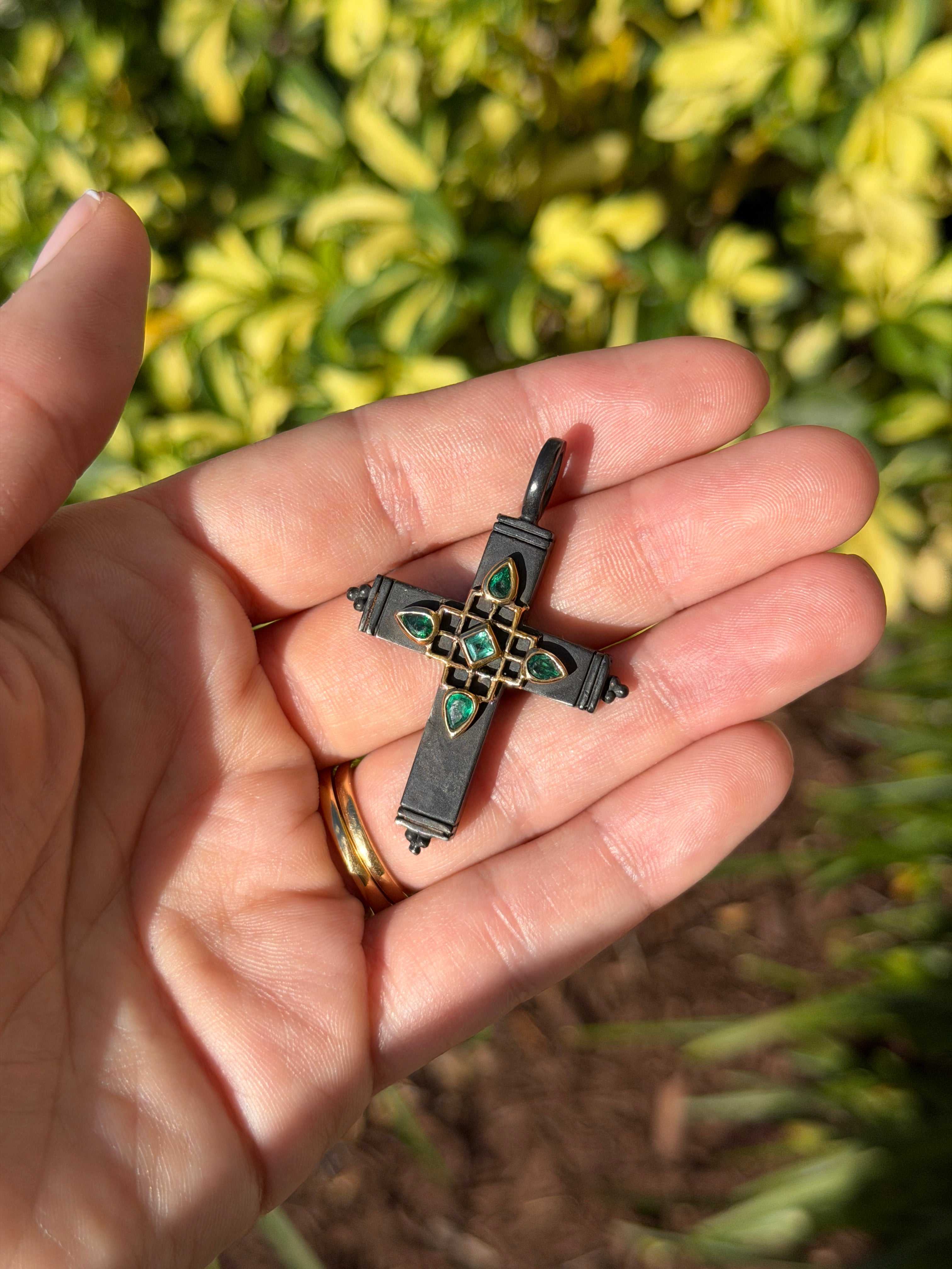 Gothic Emerald Crucifix Gold & Blackened Silver