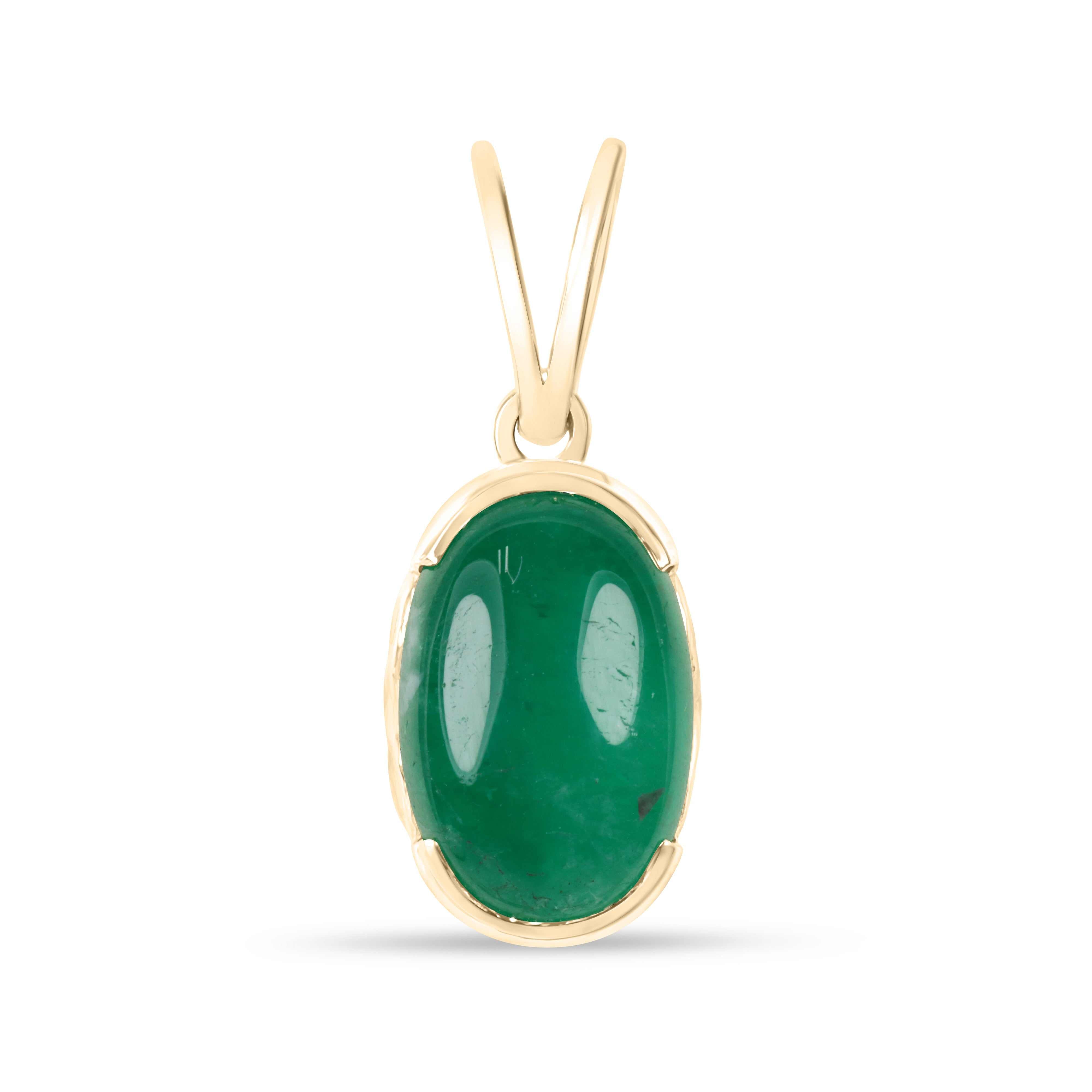 3.67 carat oval Colombian emerald cabochon pendant set in 14K yellow gold prong setting