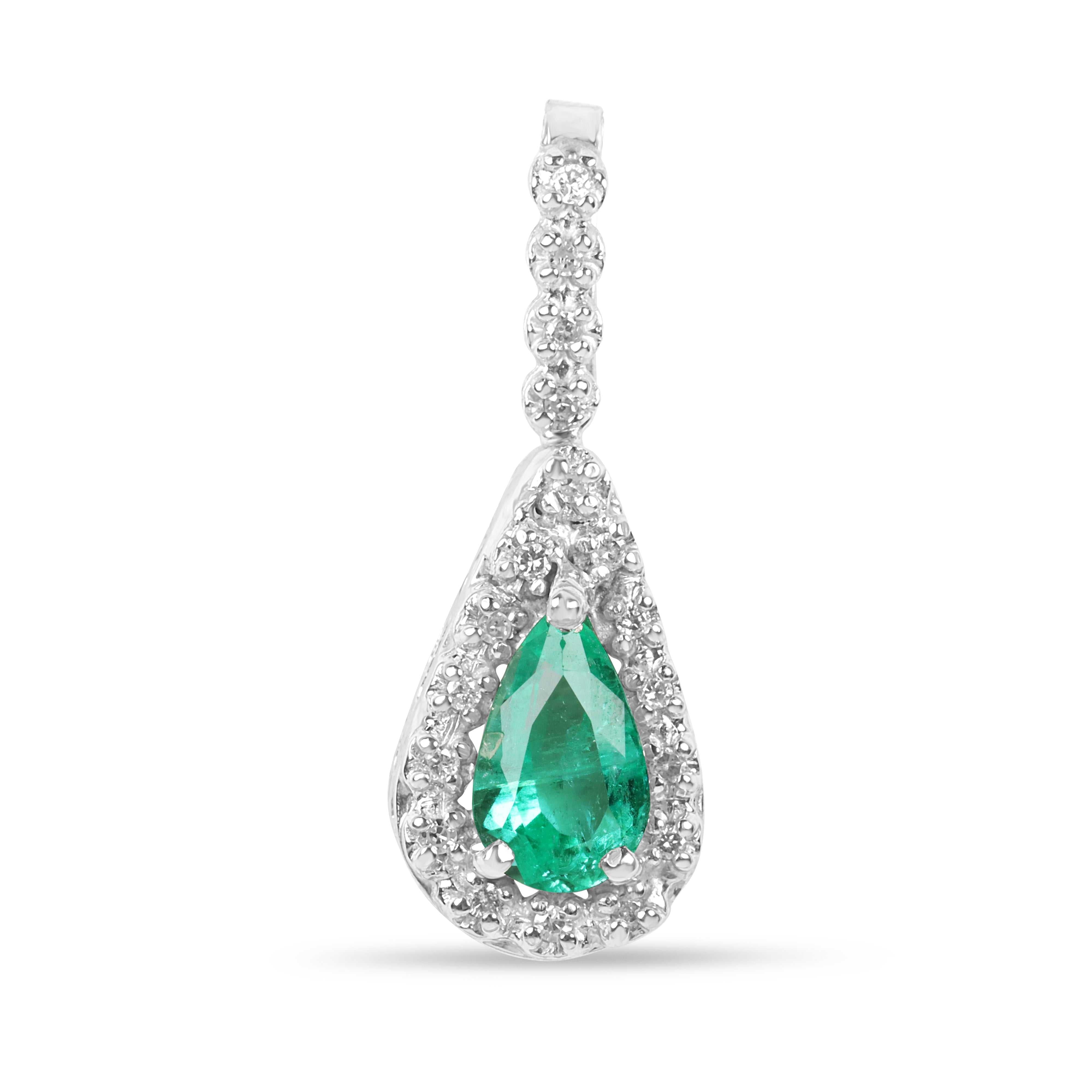 Hand made 14K white gold necklace with pear-shaped Colombian emerald and diamond halo pendant
