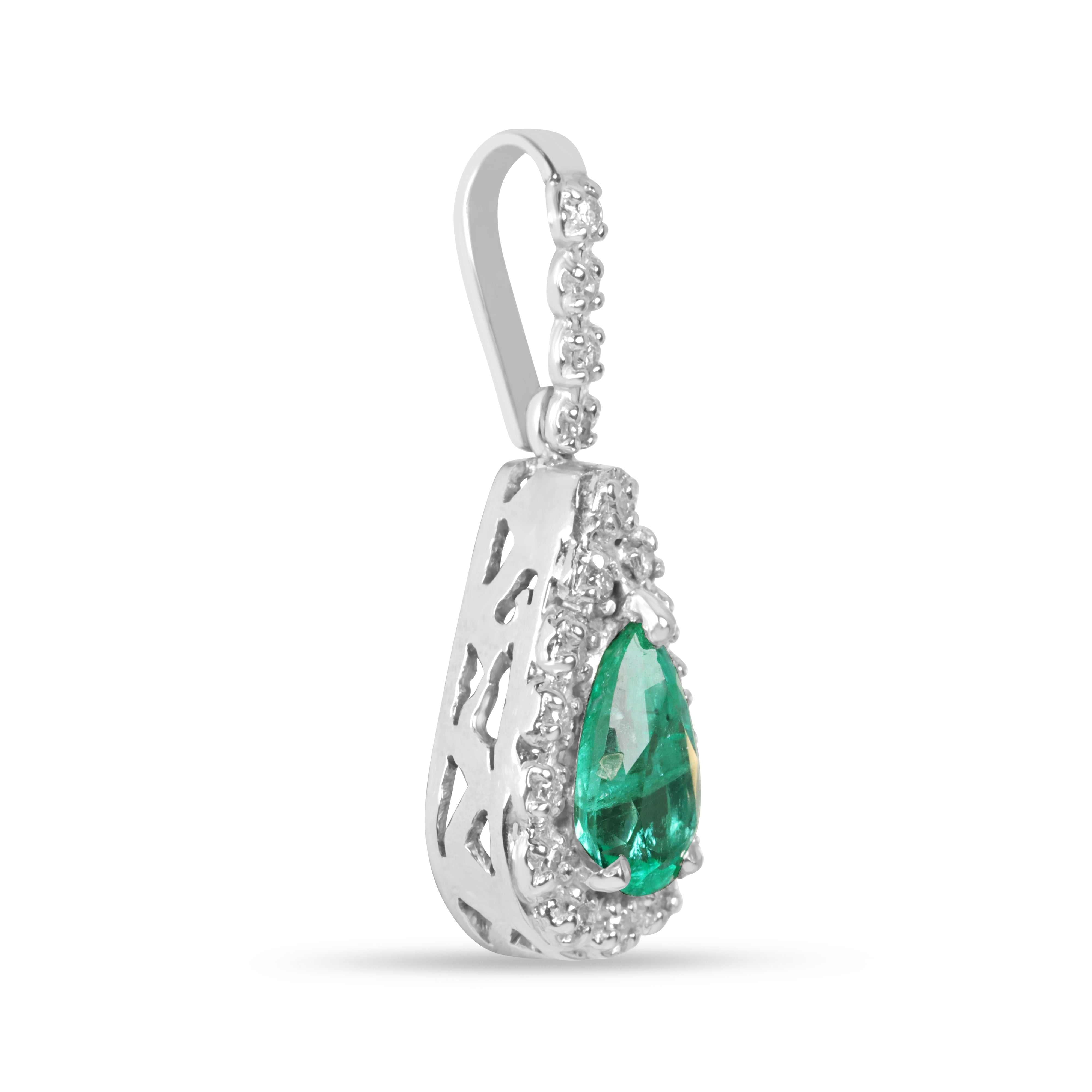 1.22tcw Organic- Hand Made 14K White Gold Colombian Emerald Pear & Diamond Halo Necklace