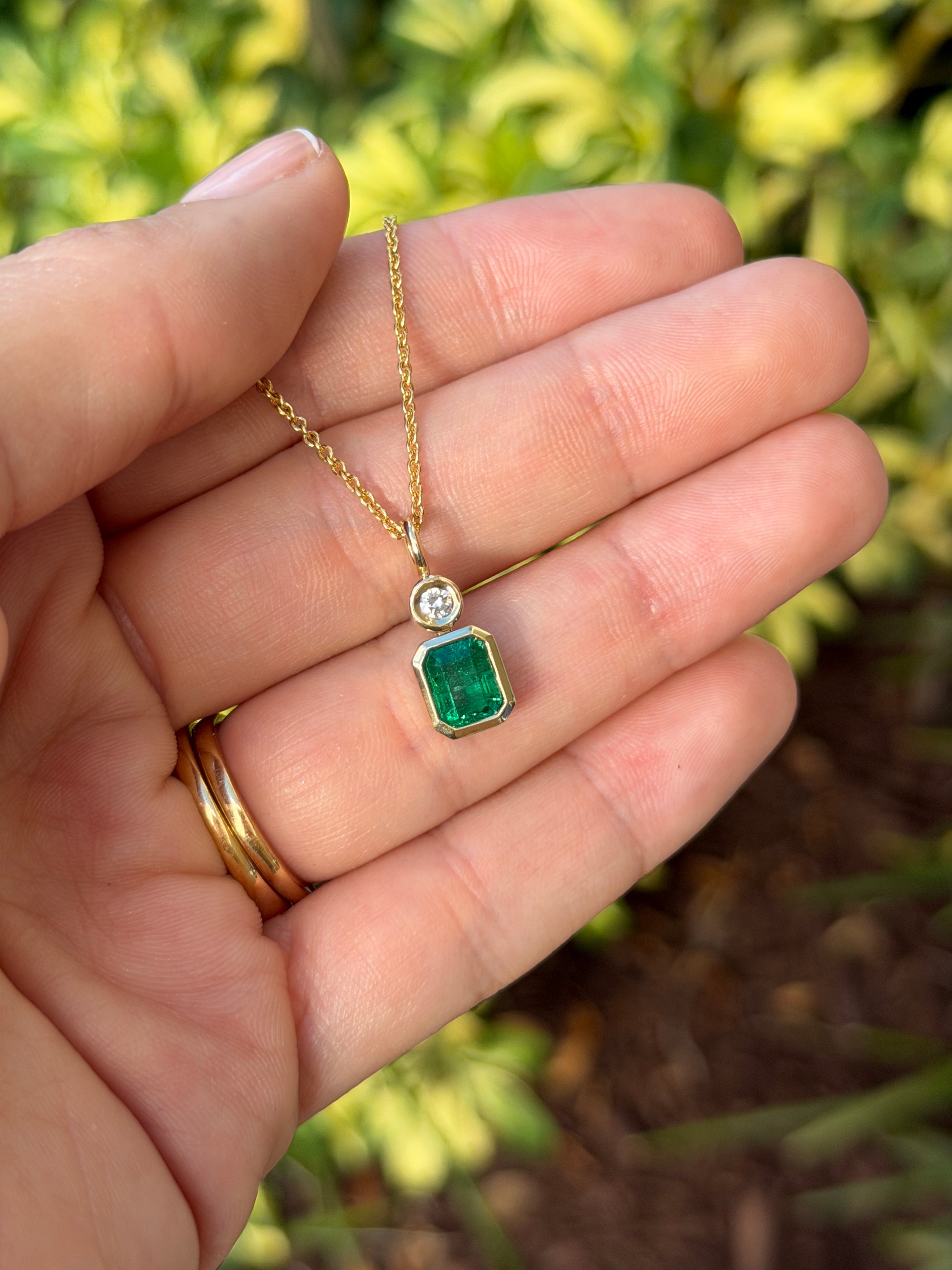 1.85tcw Bezel Set AAA Emerald & Round Diamond Accent Necklace Pendant 14K