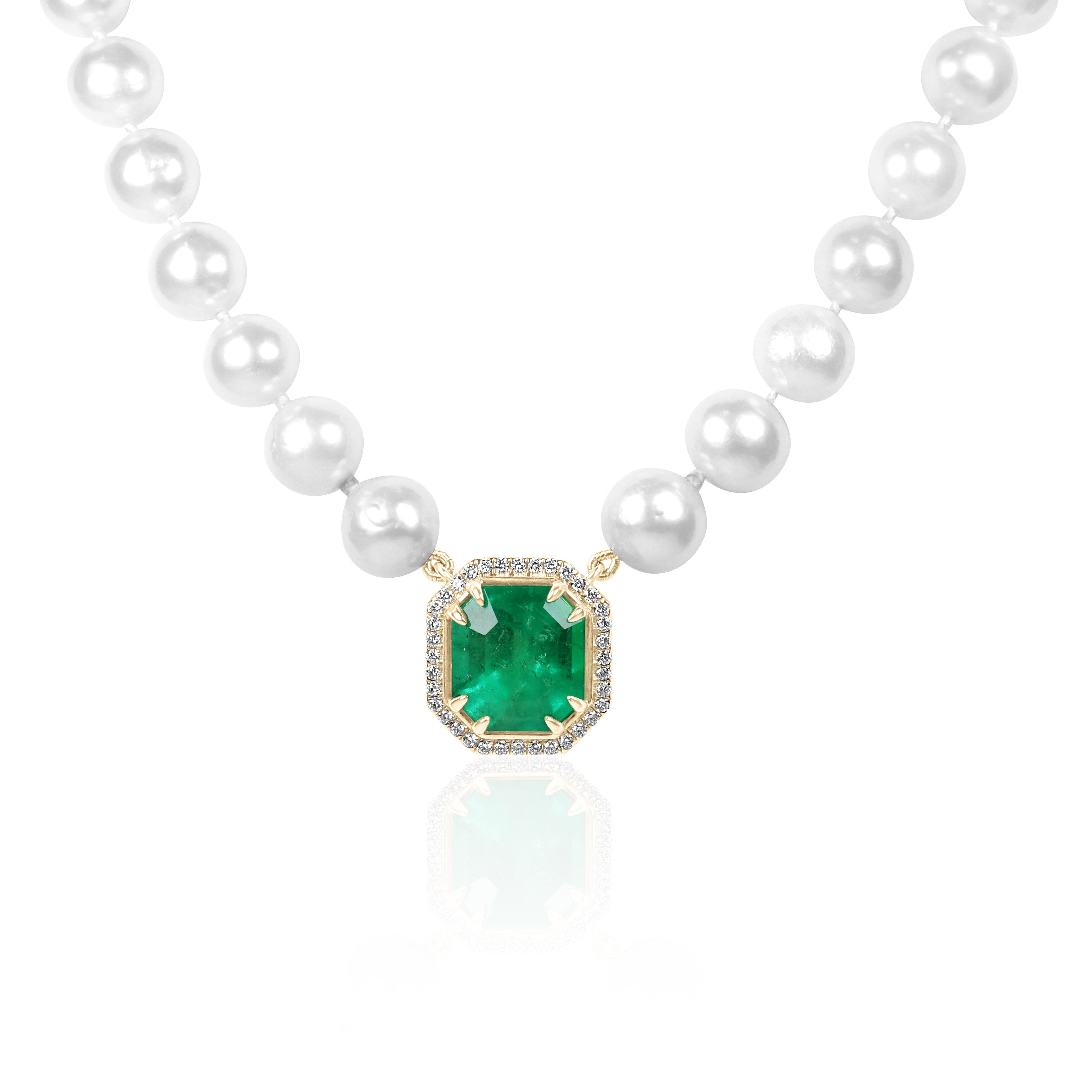 7.82 Carat Colombian Emerald & Diamond Halo Akoya Pearl 18K Necklace