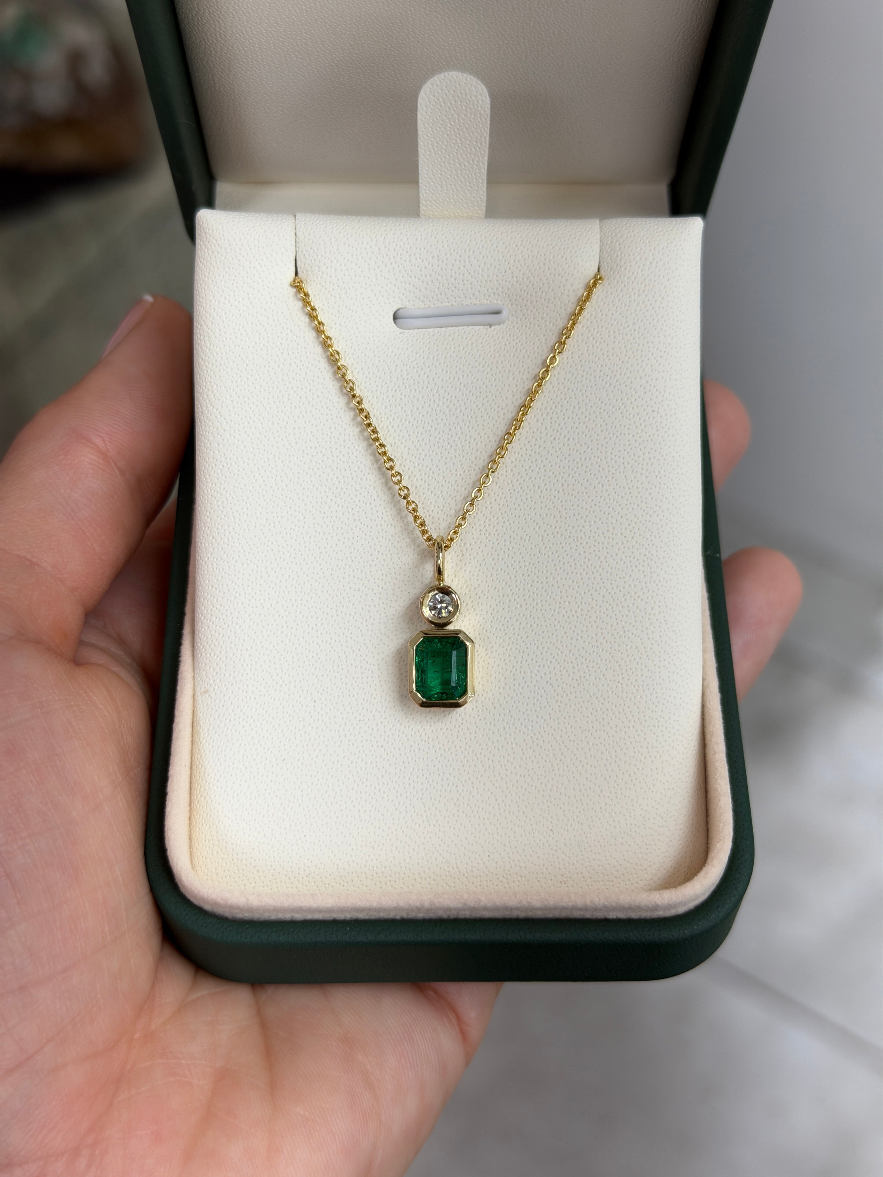 1.85tcw Bezel Set AAA Emerald & Round Diamond Accent Necklace Pendant 14K