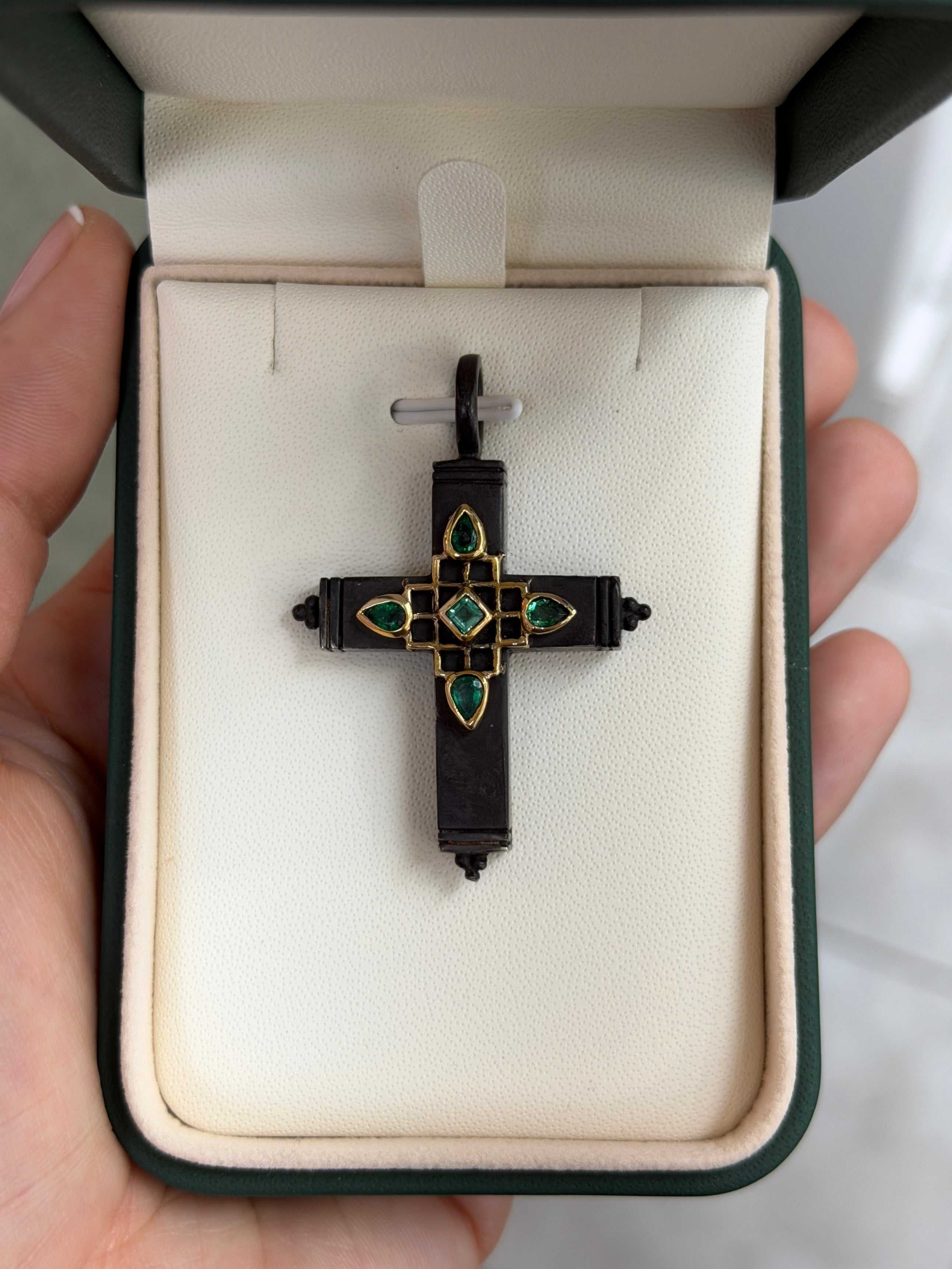 Gothic Emerald Crucifix Gold & Blackened Silver