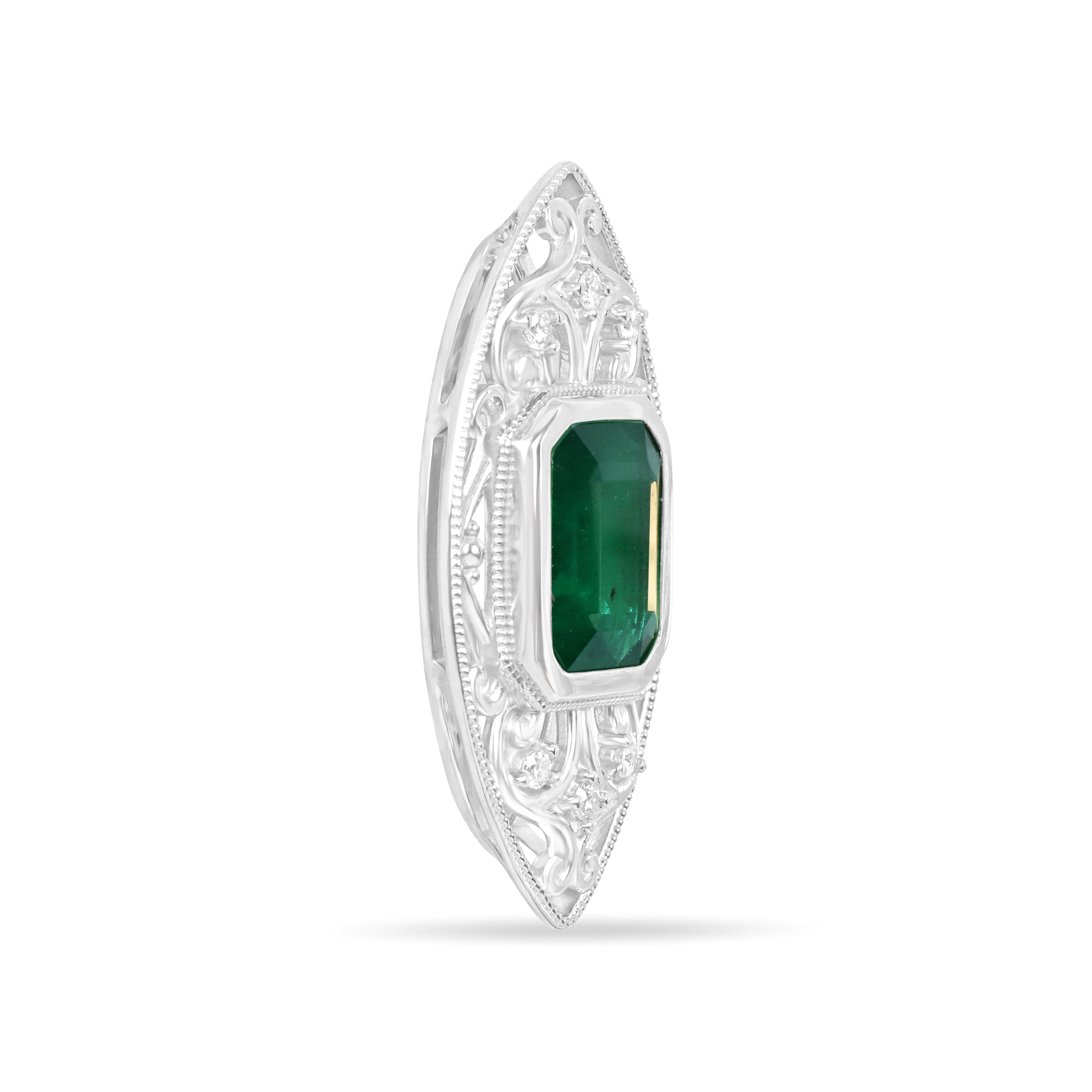 5.26tcw Art Deco Inspired Emerald Cut Emerald Vintage Filigree Diamond Slider Necklace 14K Gold