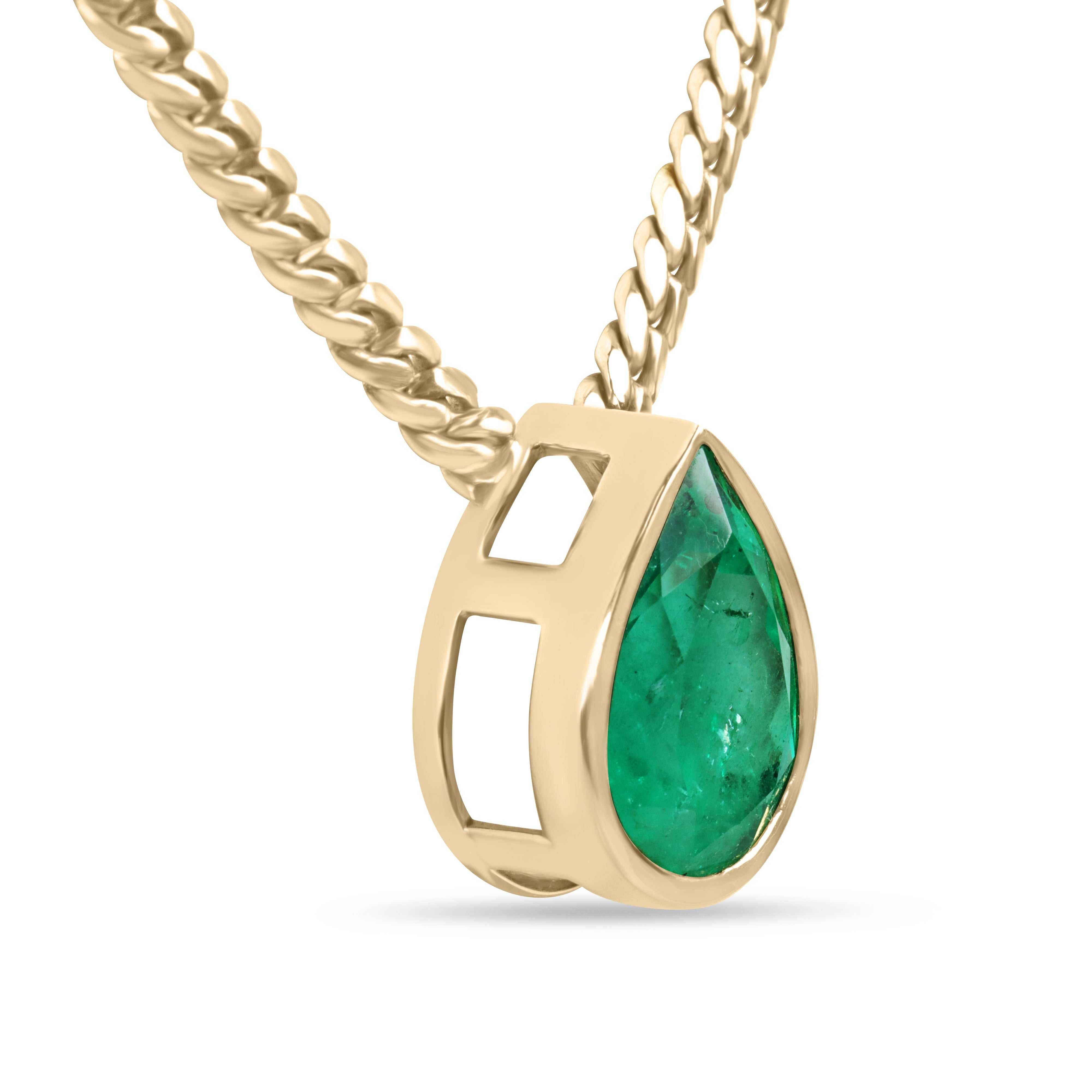 Collana a maglie cubane con smeraldo colombiano da 10,80 carati, taglio a pera, in oro 18 carati, colore "Vivid", incastonato a castone