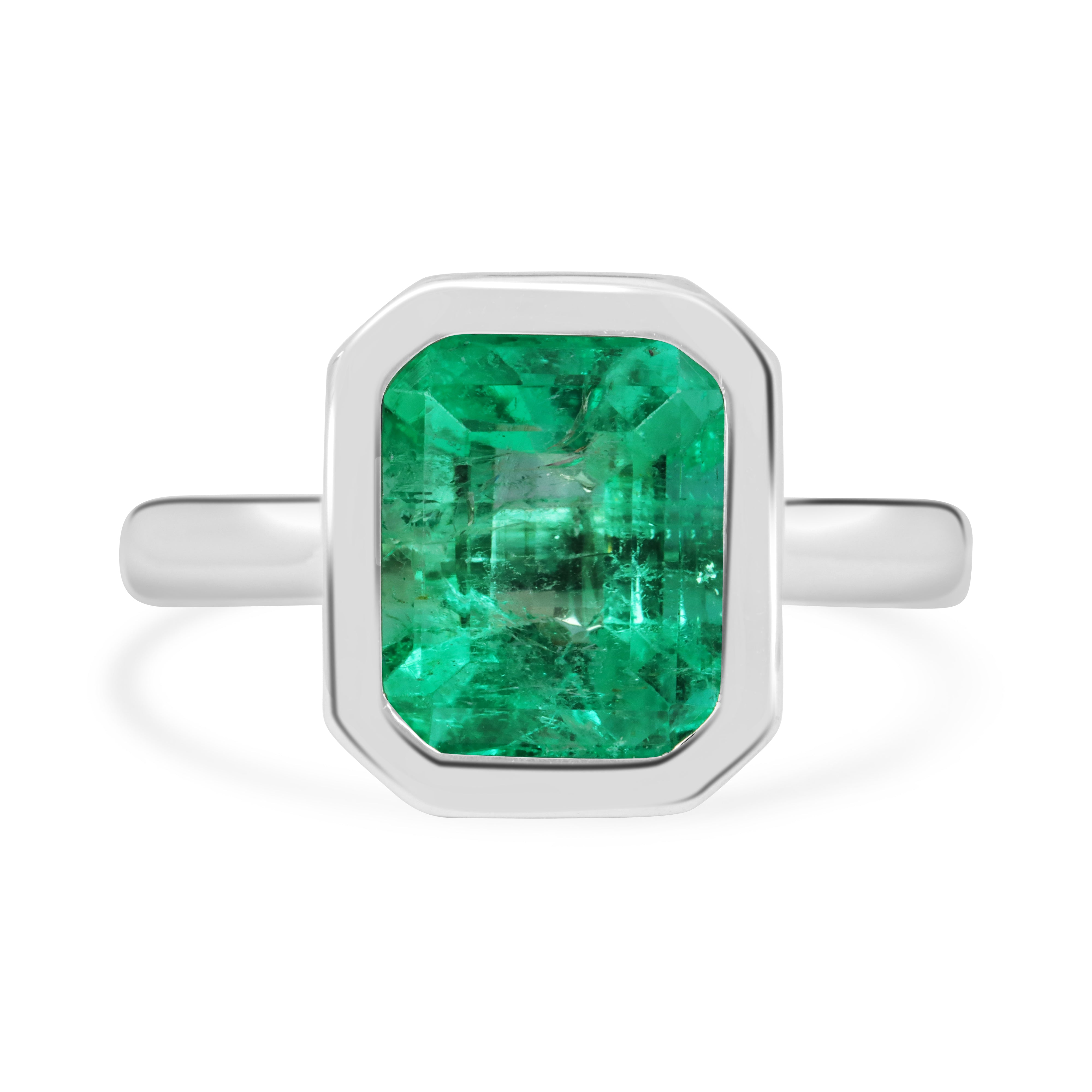 3.46ct 18K Chivor Colombian Emerald Bezel Set Emerald Solitaire White Gold Ring