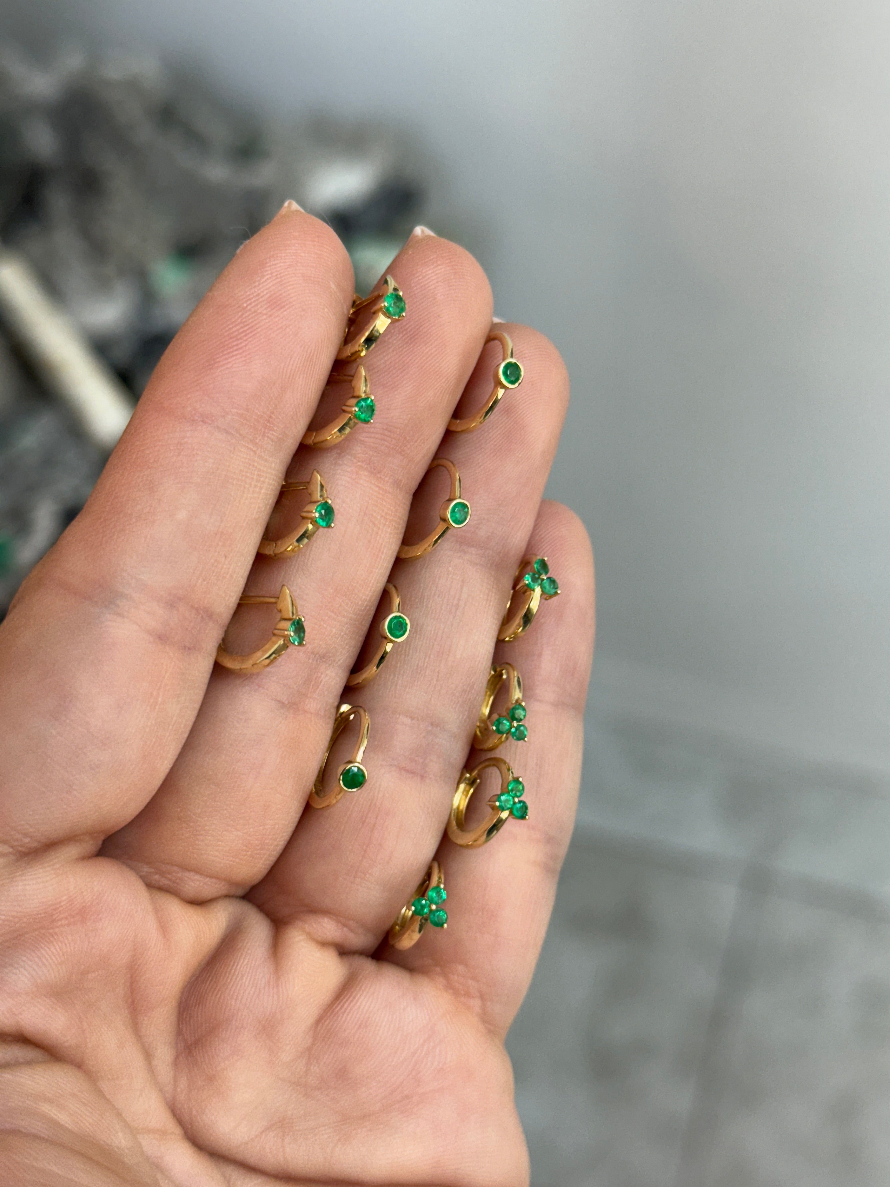 Emerald Huggie Earring- Three Prong 14K Gold