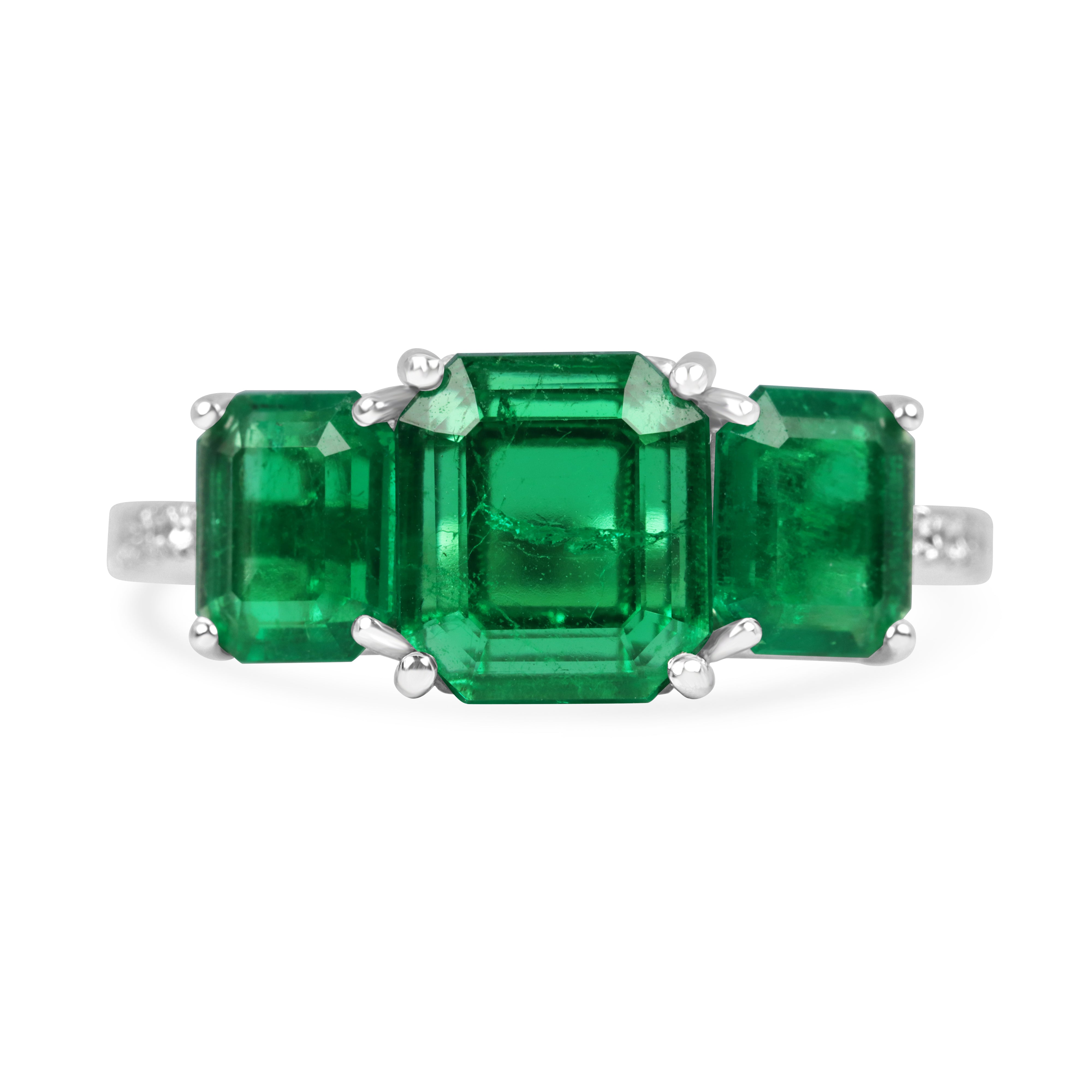 2.39tcw AAA+ Rare Find: Three Stone Asscher Cut Emerald and Diamond Ring 18K White Gold