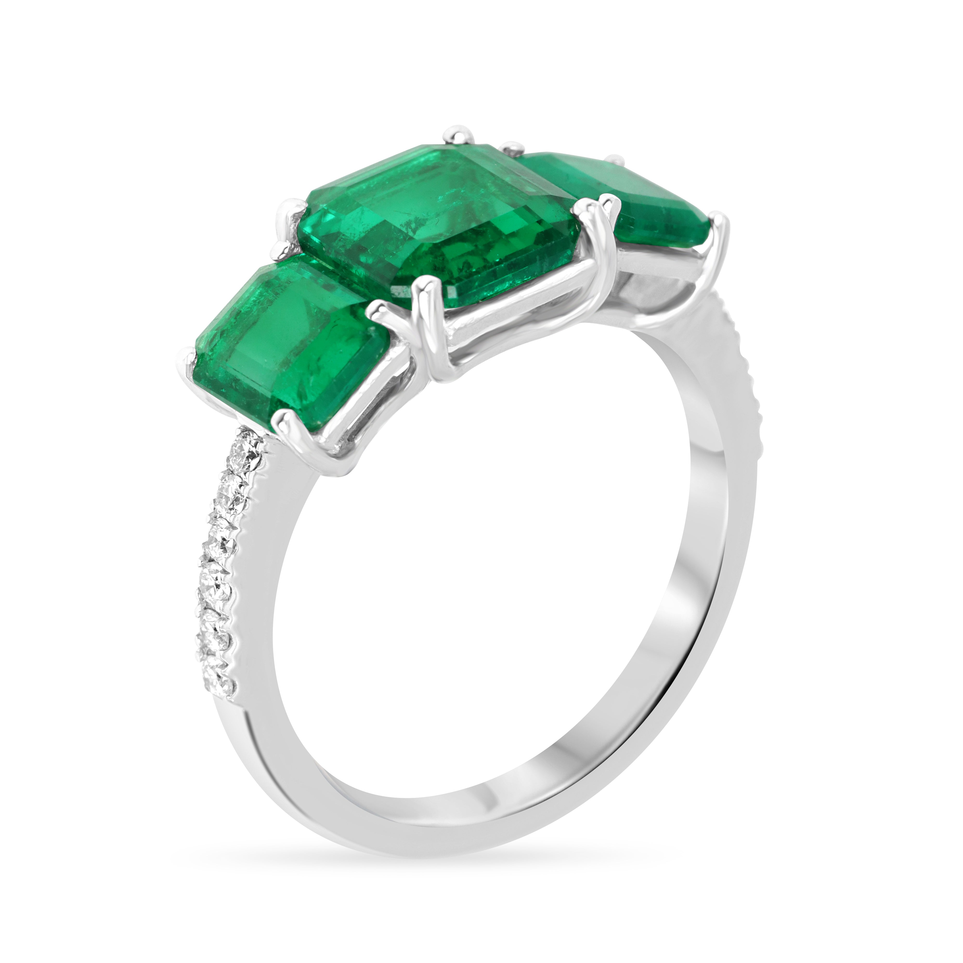 2.39tcw AAA+ Rare Find: Three Stone Asscher Cut Emerald and Diamond Ring 18K White Gold