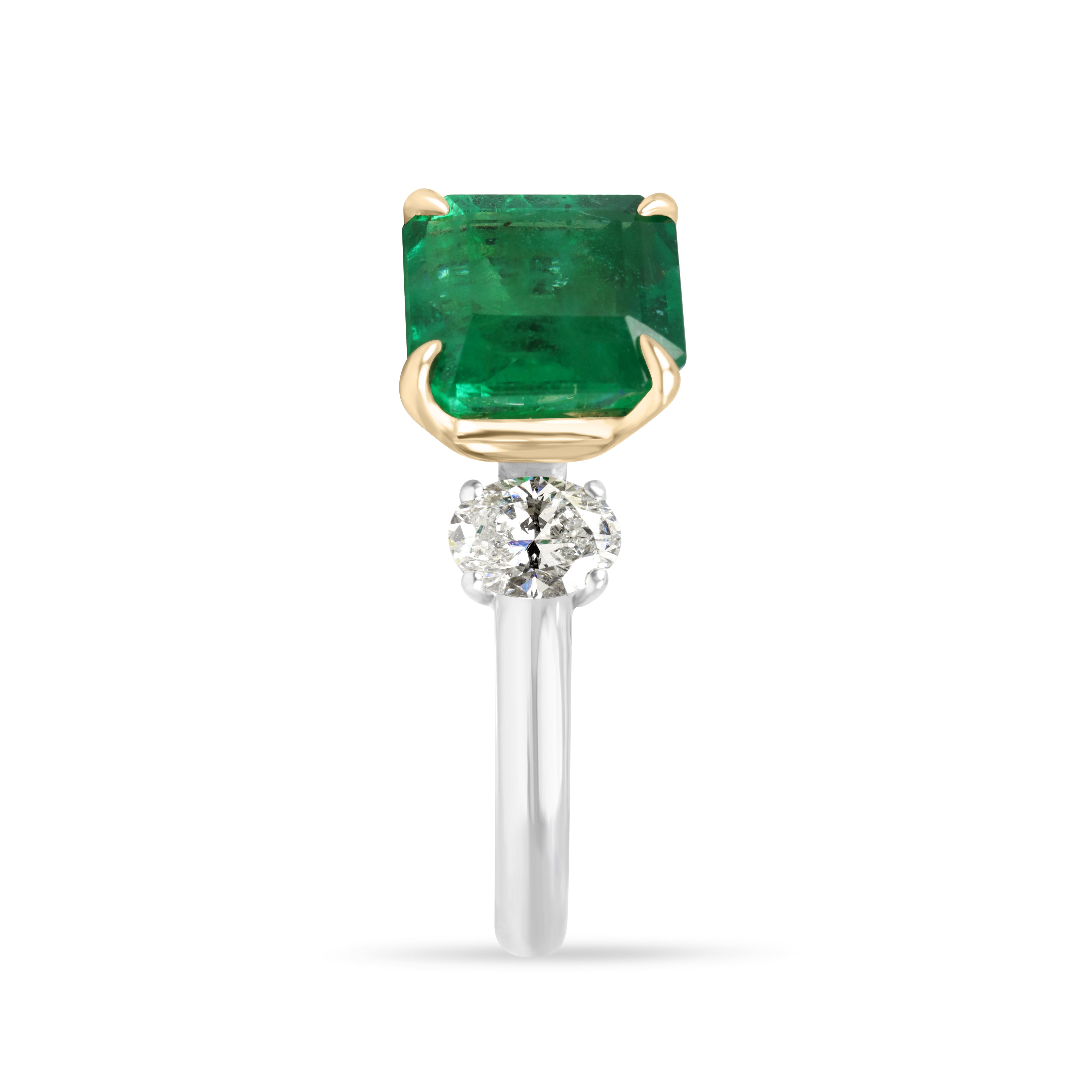 2.88tcw 18K Vivid Asscher Cut Emerald & Platinum Oval Diamond Three Stone