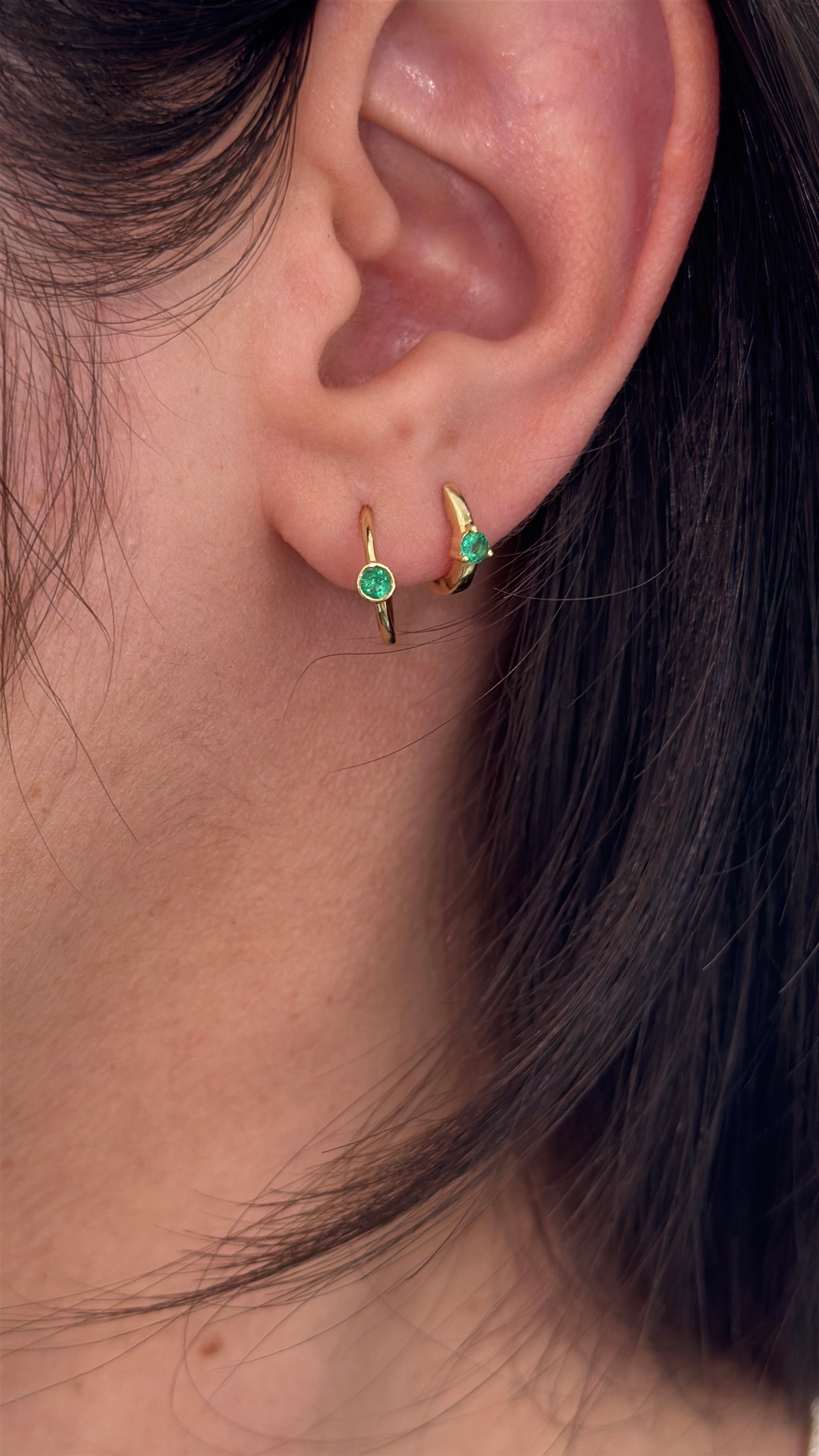 Bezel Set Emerald Huggie Earrings 14K