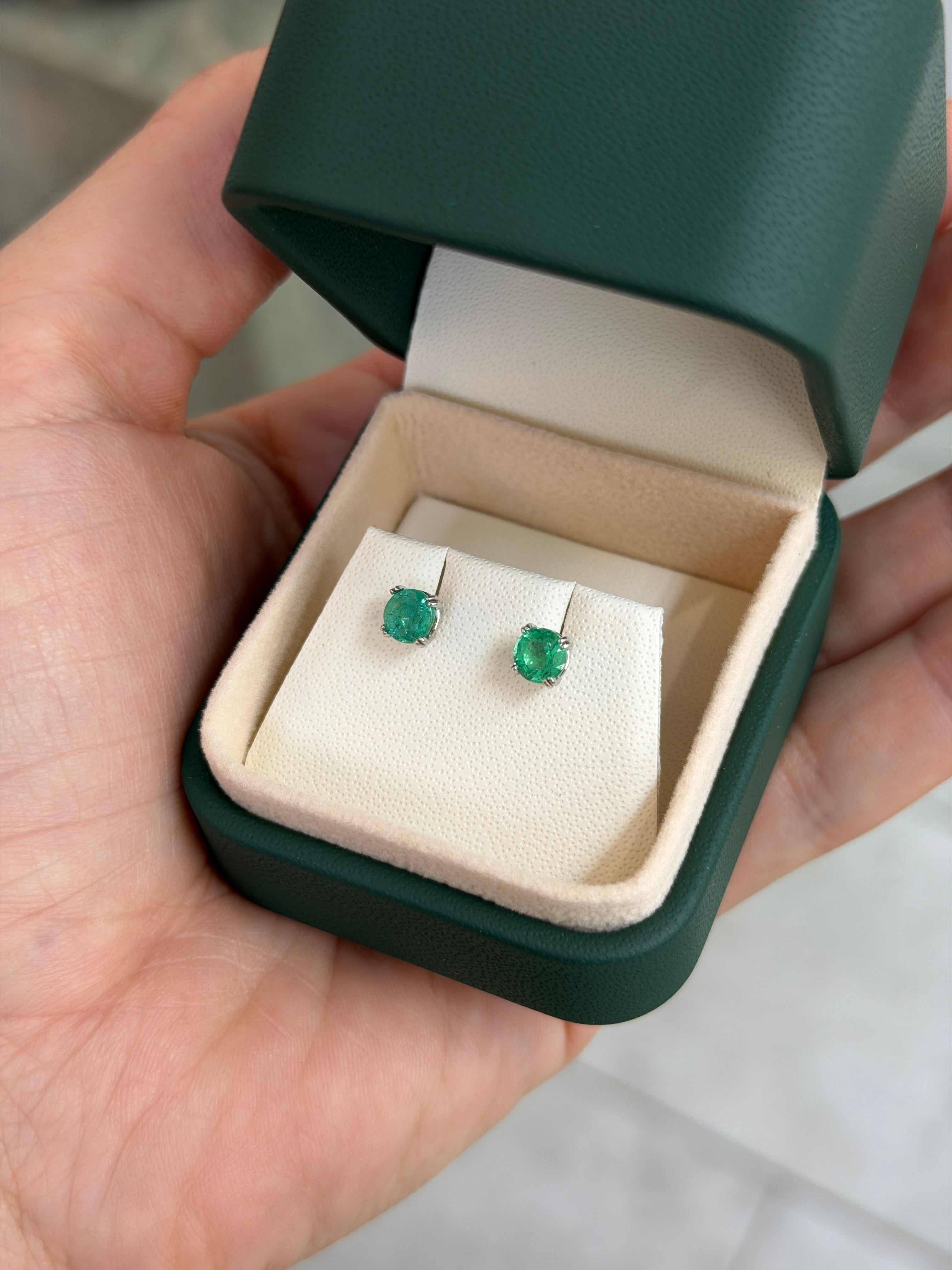 1.09tcw 5mm Double Prong Round Emerald Studs 14K White Gold