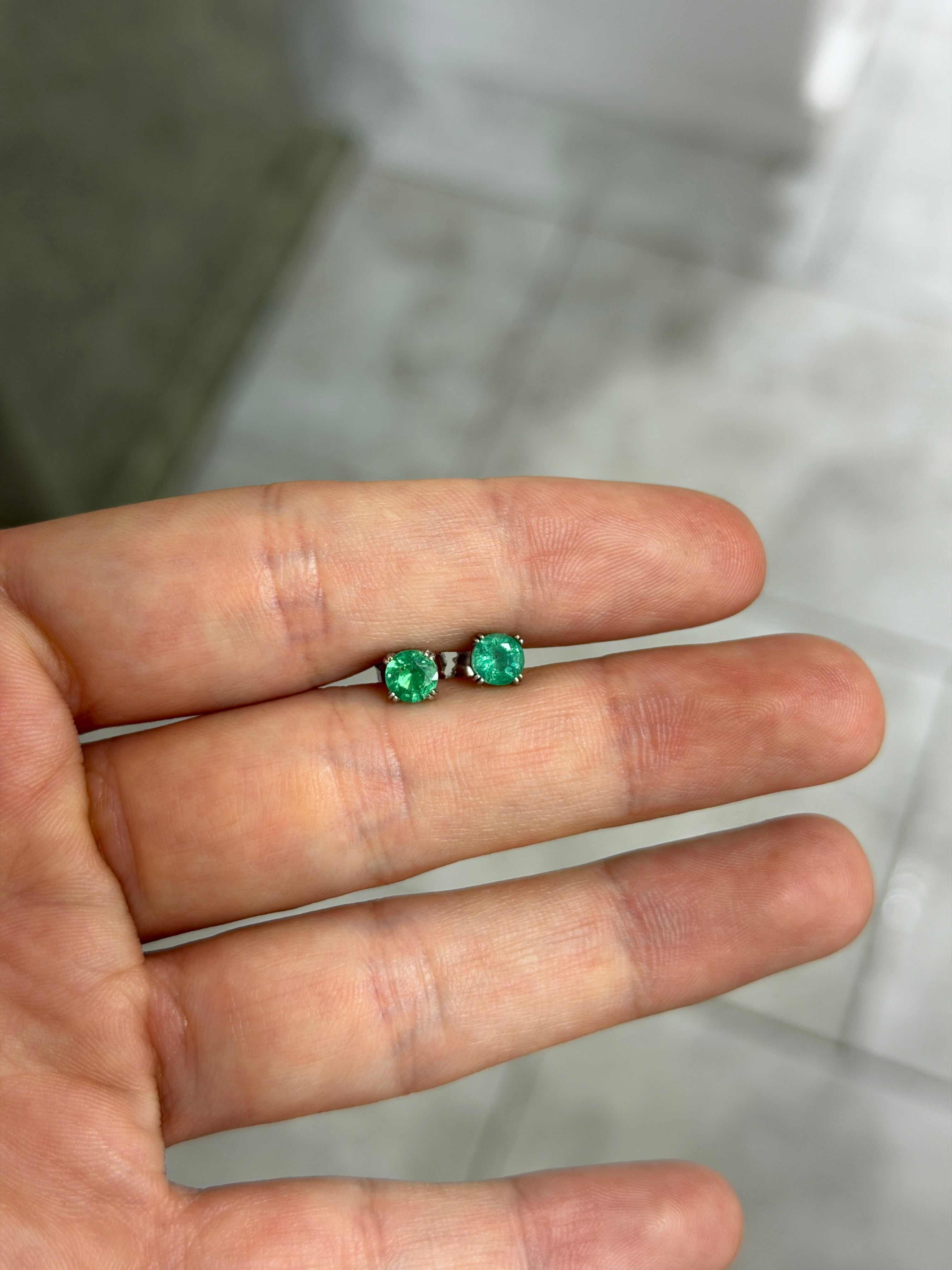 1.09tcw 5mm Double Prong Round Emerald Studs 14K White Gold