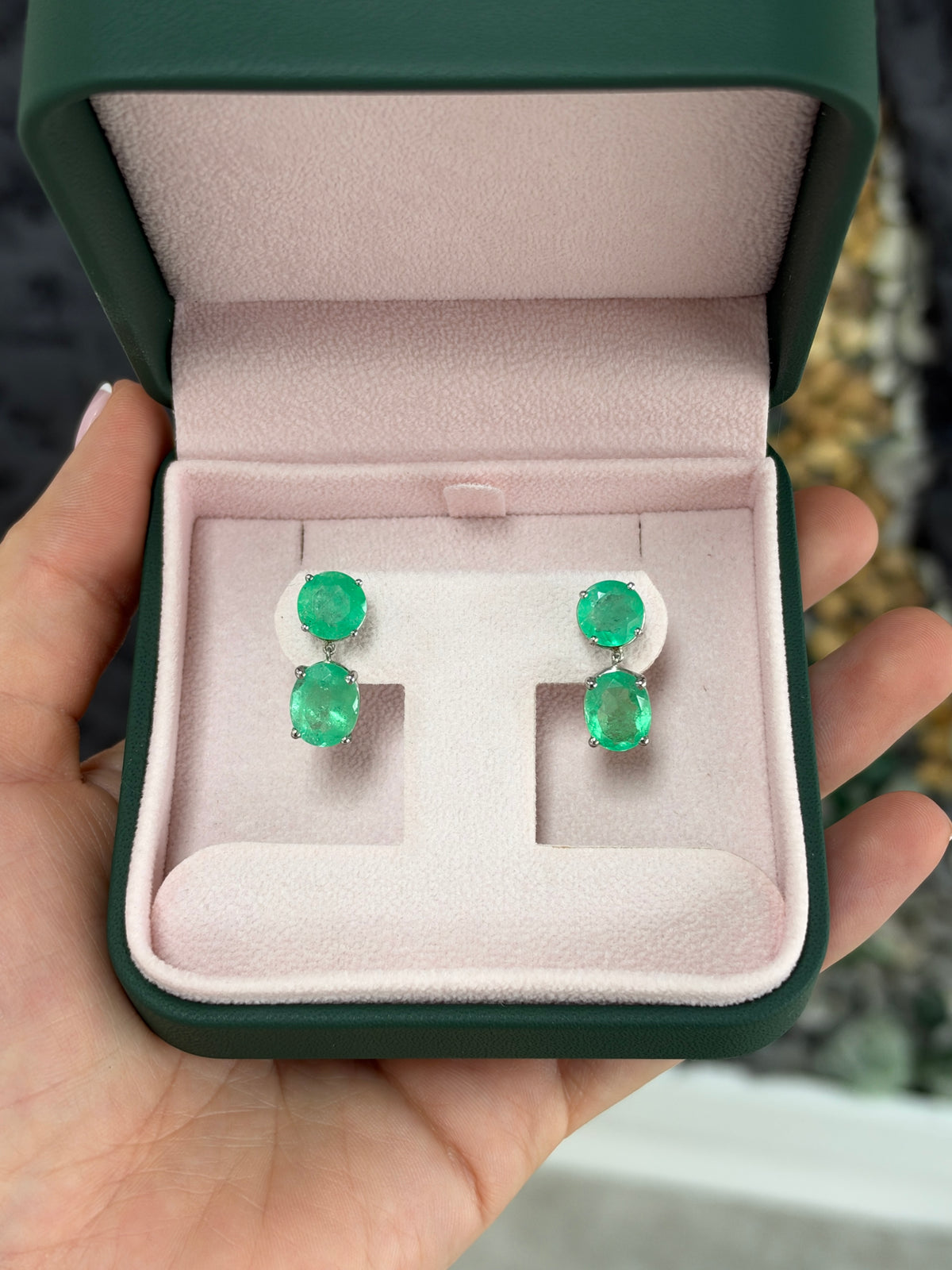 10.0tcw Round & Oval Cut Colombian Emerald Dangle Earrings in Platinum