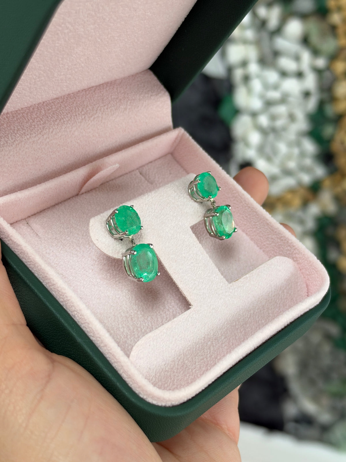 10.0tcw Round & Oval Cut Colombian Emerald Dangle Earrings in Platinum