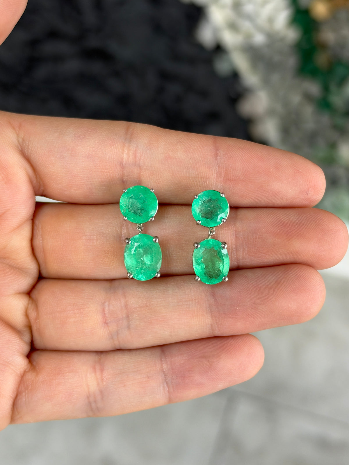 10.0tcw Round & Oval Cut Colombian Emerald Dangle Earrings in Platinum