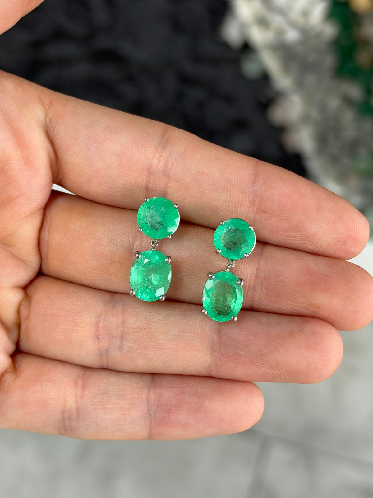 10.0tcw Round & Oval Cut Colombian Emerald Dangle Earrings in Platinum