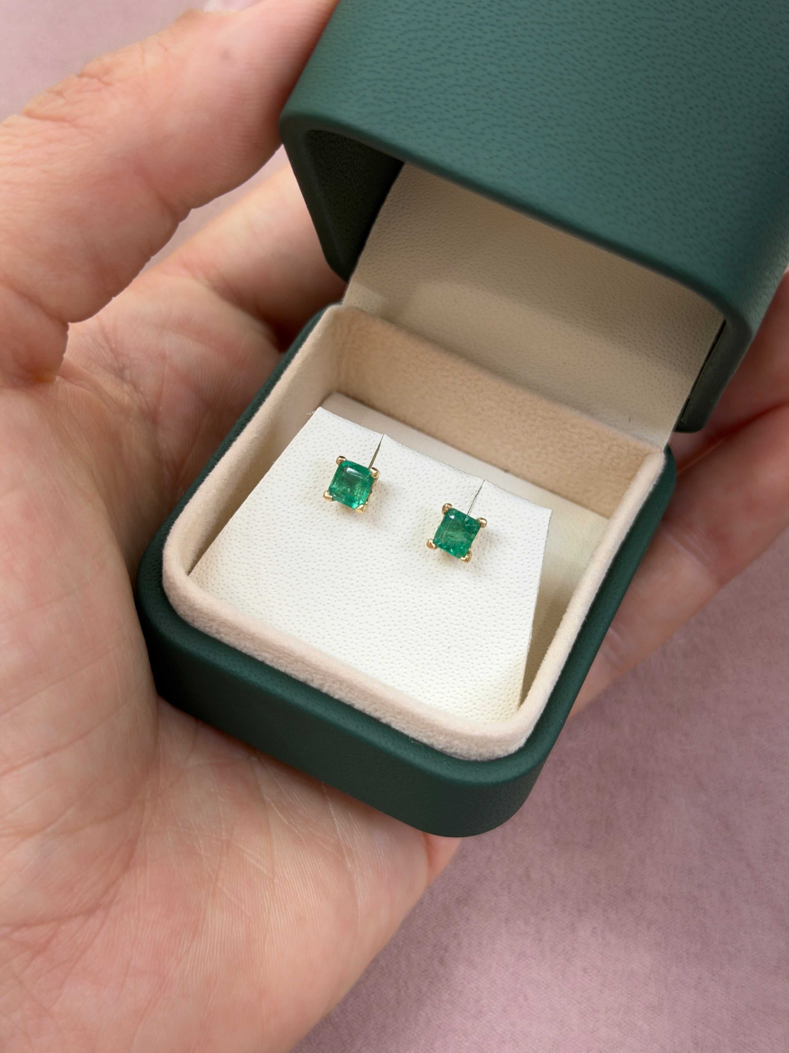 1.05tcw Princess Cut Emerald Studs 14K Gold