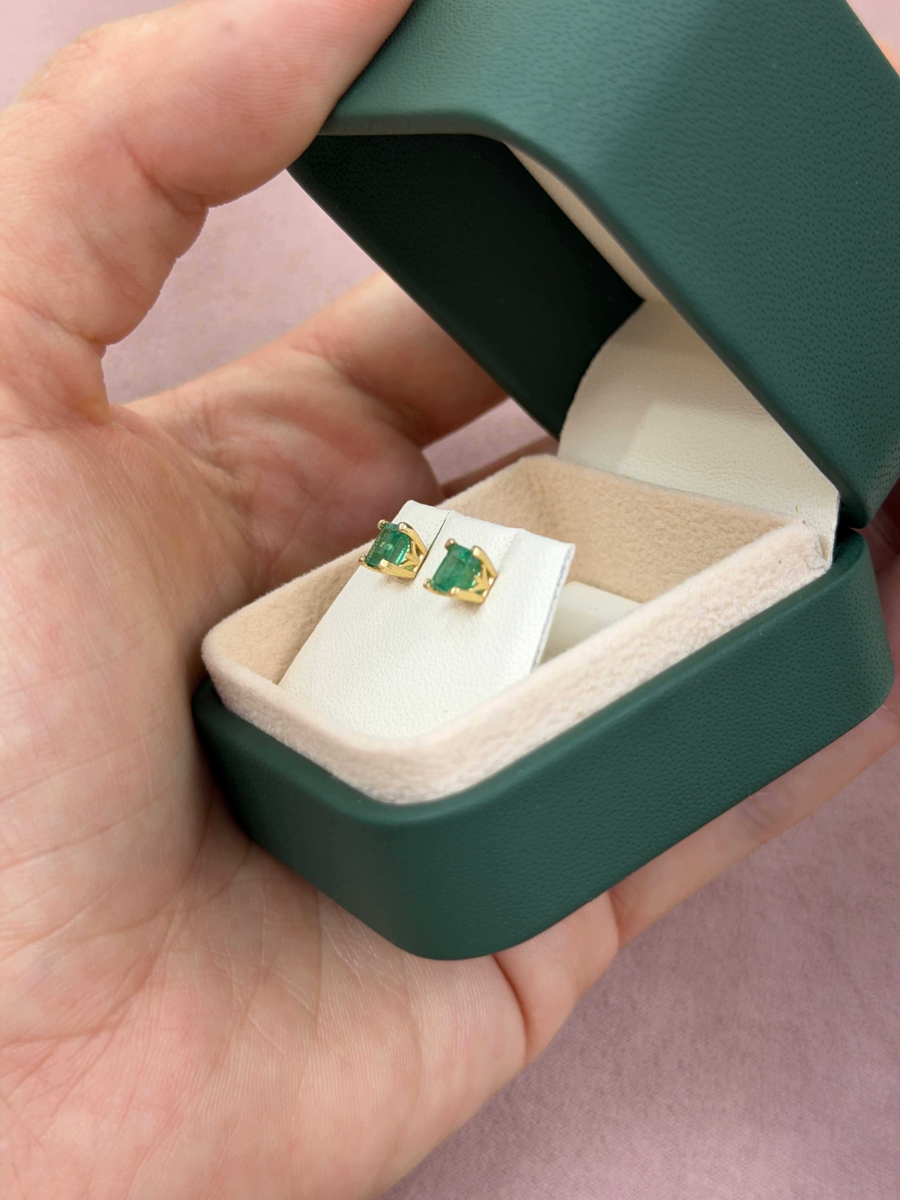 1.05tcw Princess Cut Emerald Studs 14K Gold