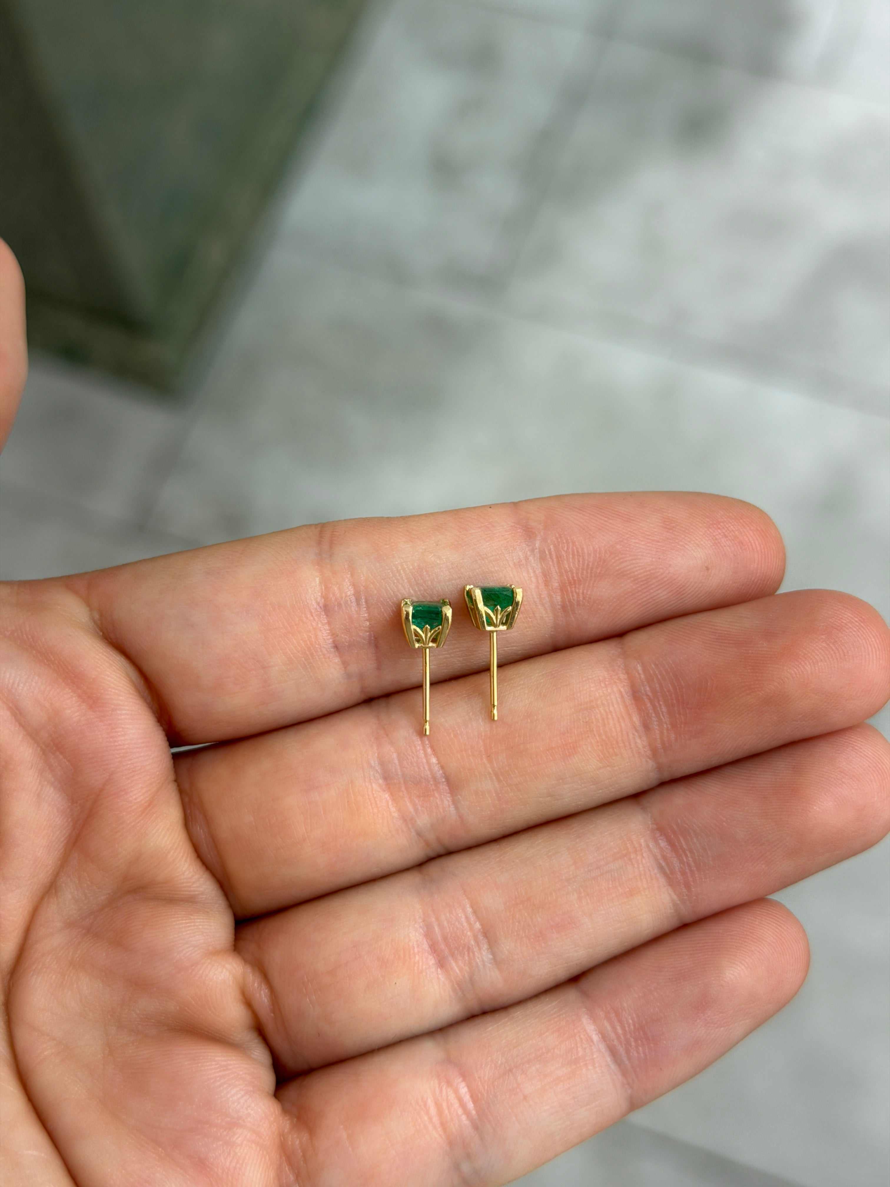 1.05tcw Princess Cut Emerald Studs 14K Gold