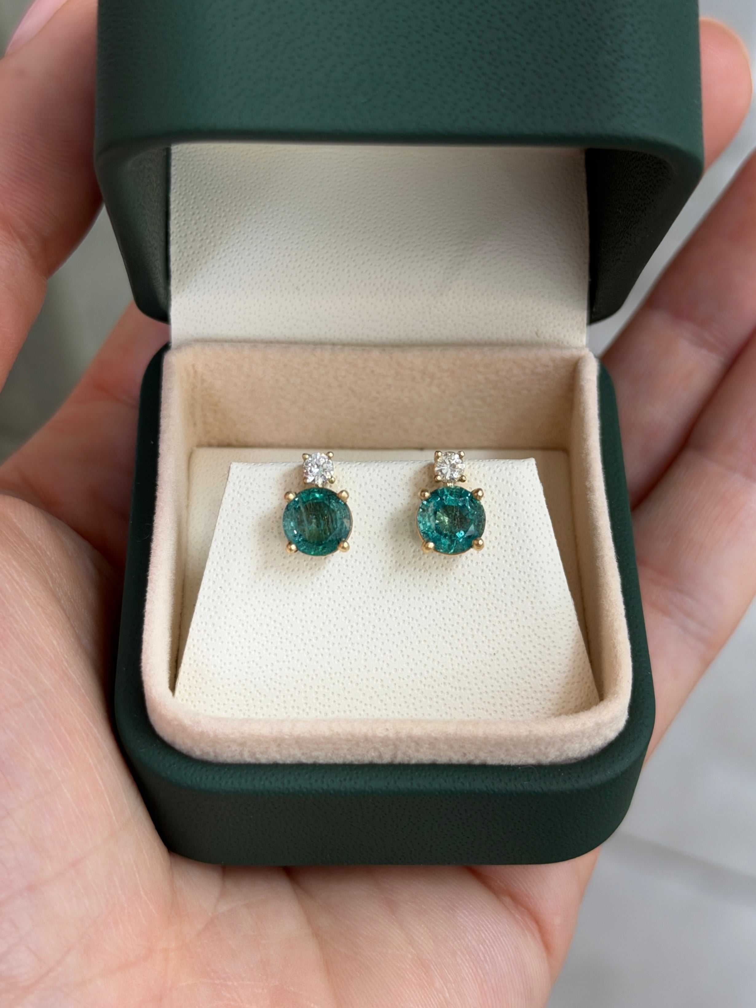 2.30tcw Round Emerald & Diamond Accented Stud 14K Gold